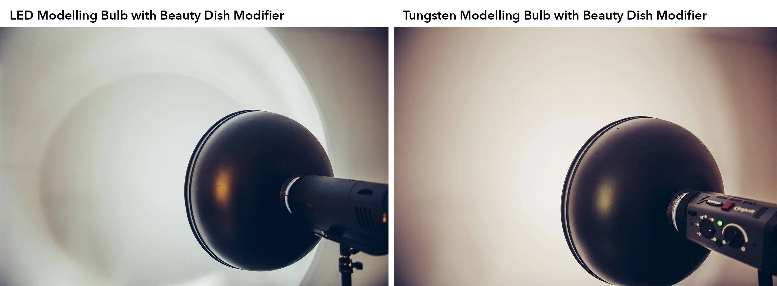 On the left we have an LED modelling lamp with a beauty dish reflector. You should see that resulting light casts some odd shadows onto our wall due to the incredibly small and harsh nature of the tiny LED lamp. On the right we have a tungsten modelling bulb and the resulting light shadow if far smoother. In fact its appearance is almost identical to that of the strobe flash.