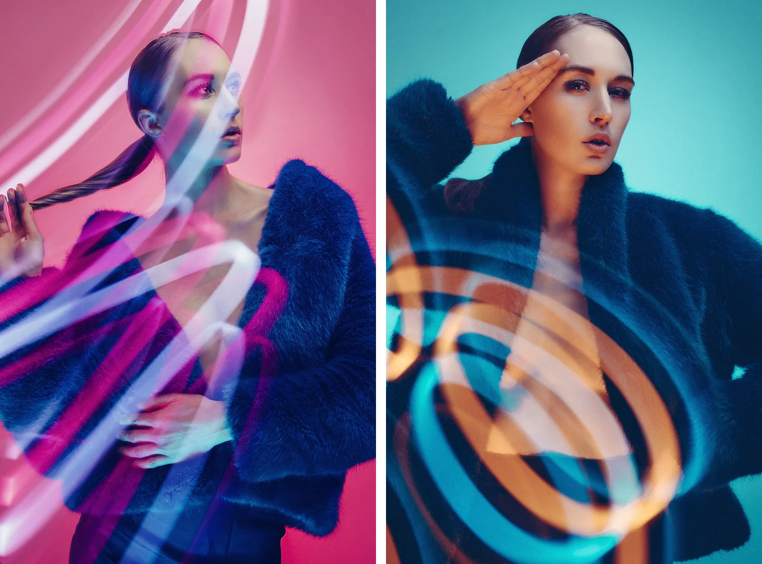 Click to enlarge. In these portraits we can see the simple LED work-lights creating some very cool effects when they have different coloured gel strips attached to them.