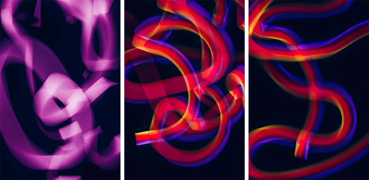 In the above shots we have light trails produced by my smart phone. On the left I have a single pure pink colour being displayed on my screen and in the other two images I have a gradient of colour being displayed. With the ability to display any colour or image on a hand held screen the possibilities for long exposure light trails with your phone are practically limitless.