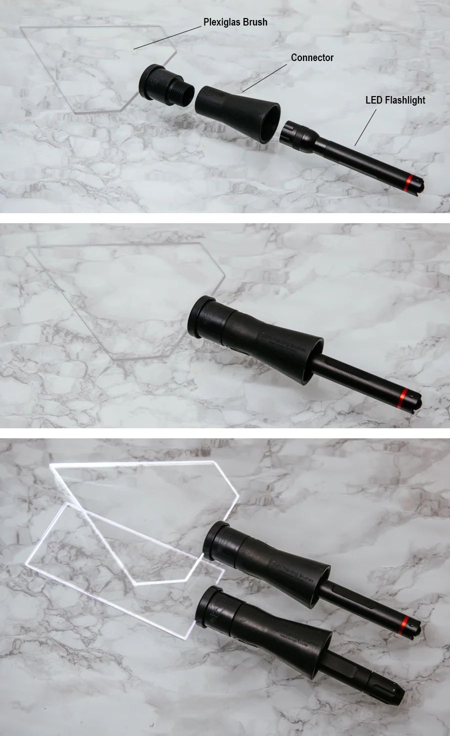 The Plexiglas brushes couldn't be simpler to use. Attach the connector to the brush and then insert the flashlight and you're done.