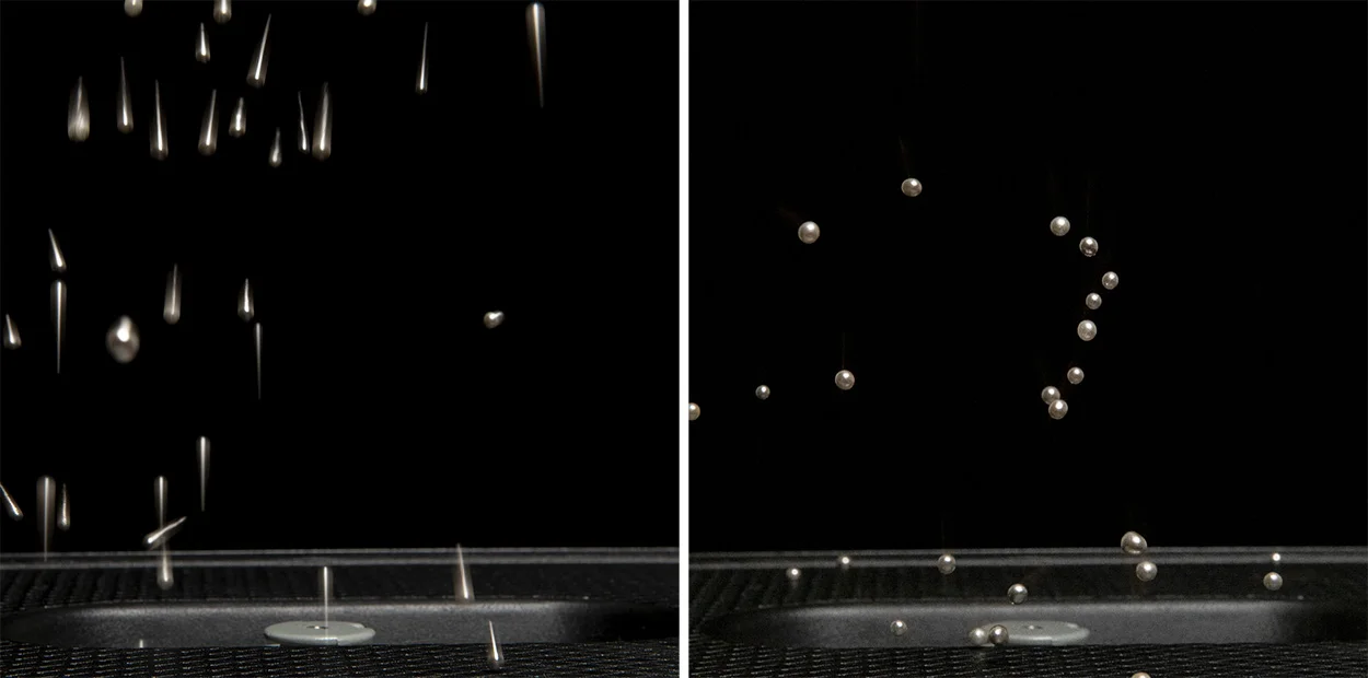 Click to enlarge: Both images of metal balls in motion taken with flash, but both with very different results.