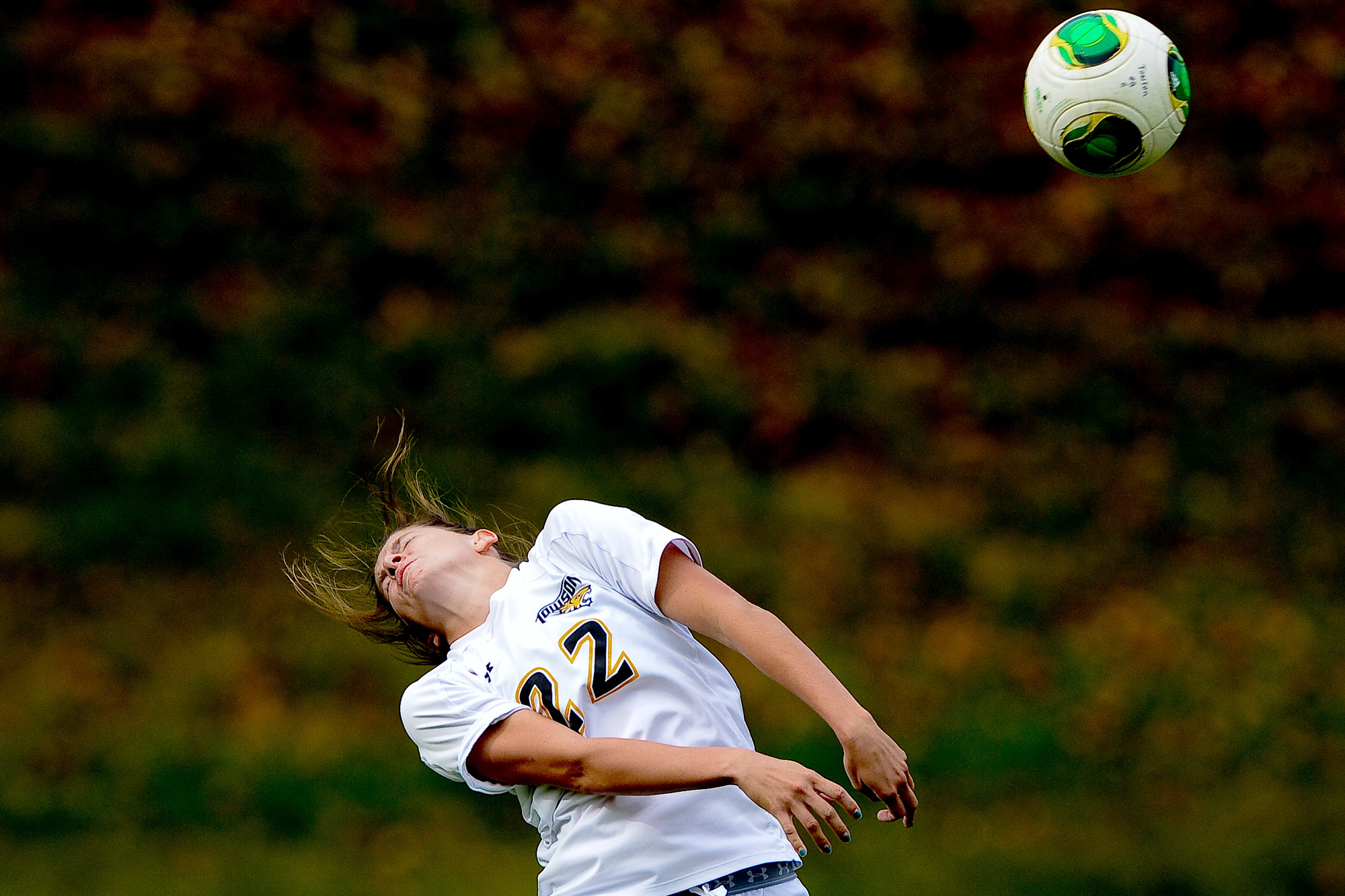  Towson University women's soccer defenseman Alex Evitts attempts a header during a 2-3 loss against Northeastern University on Oct. 17, 2013 in Baltimore, Md. 