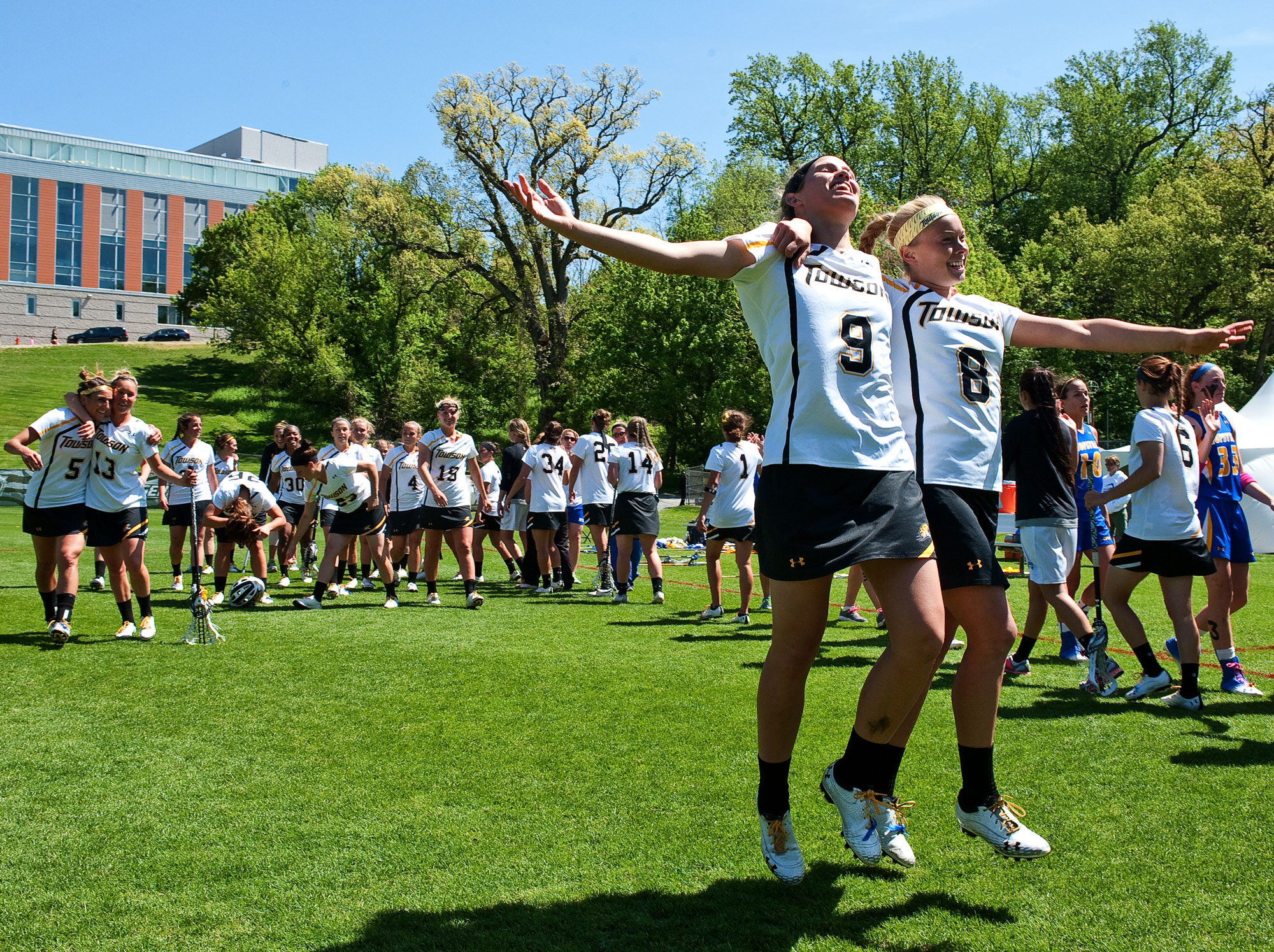  Ashley&nbsp;Waldron, left of Towson University celebrates with&nbsp;her teammate&nbsp;Sarah&nbsp;Maloof&nbsp;after winning the CAA Championship game at Towson University in Baltimore, Maryland on&nbsp;May 5th, 2013. 