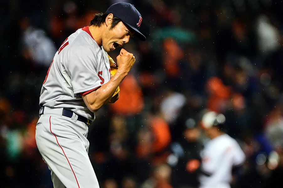Boston Red Sox pitcher Koji Uehara reacts after throwing the last pitch during a win over the Baltimore Orioles at Oriole Park at Camden Yards in Baltimore, Md. on April 3, 2014.