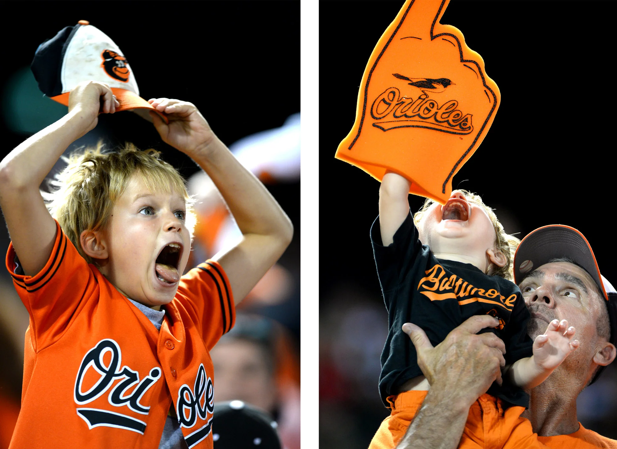 Baltimore Orioles Fans get excited during the "Fan of the Game" contest during a home game at Oriole Park at Camden Yards in Baltimore, Md. 