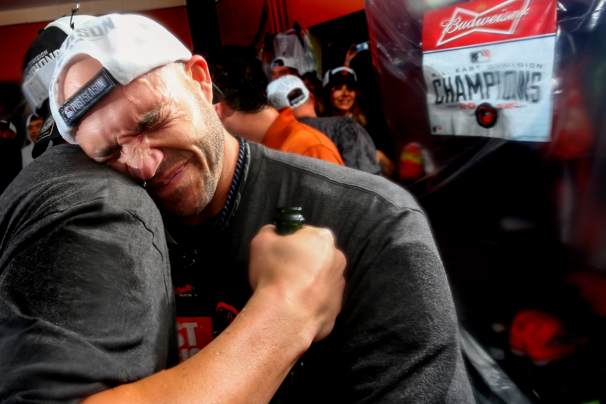 First baseman Steve Pearce of the Baltimore Orioles celebrates in the clubhouse after the Orioles defeated the Toronto Blue Jays to clinch the American League East Division at Oriole Park at Camden Yards in Baltimore, Maryland on Sept. 16, 2014. 
