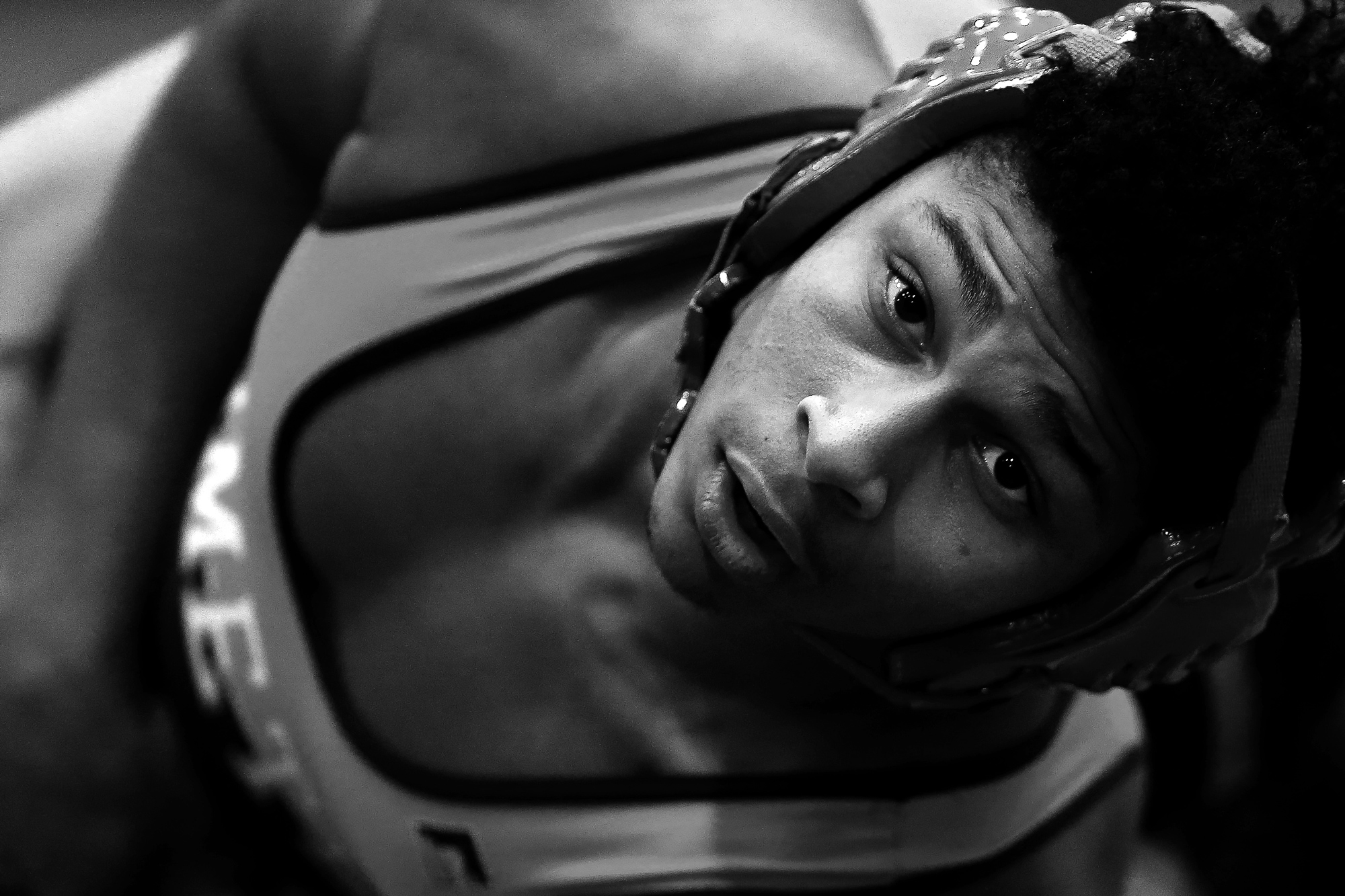 Brian Taylor of Catonsville High School looks up during a 160 pound wrestling match against Craig Worpell of Hereford High School in Catonsville, Maryland on January 27, 2015.