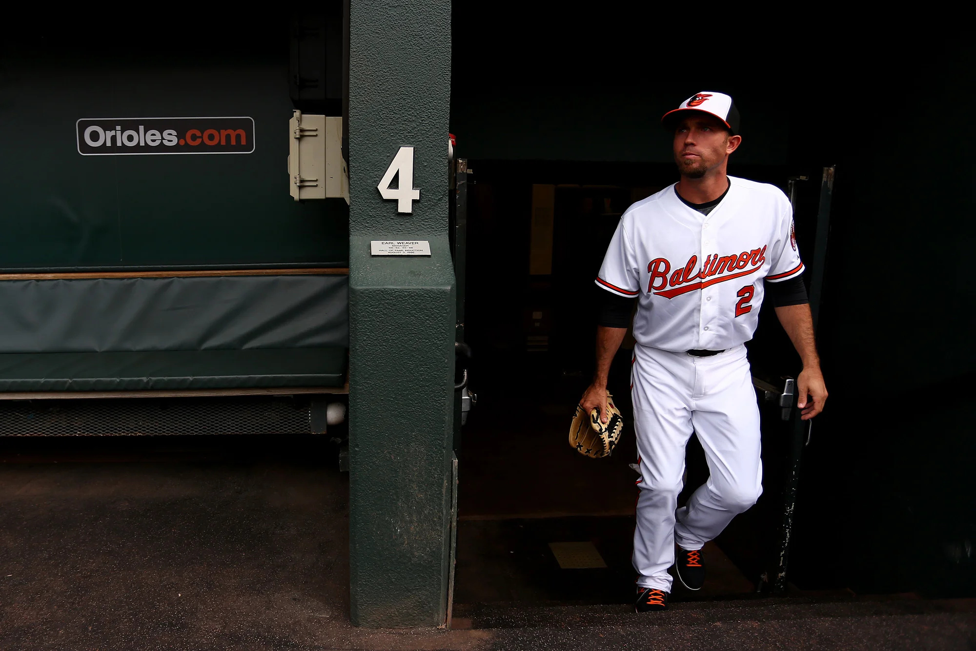 Shortstop J.J Hardy #2 of the Baltimore Orioles exits the dugout before the game against the Toronto Blue Jays at Oriole Park at Camden Yards on May 11, 2015 in Baltimore, Maryland.
