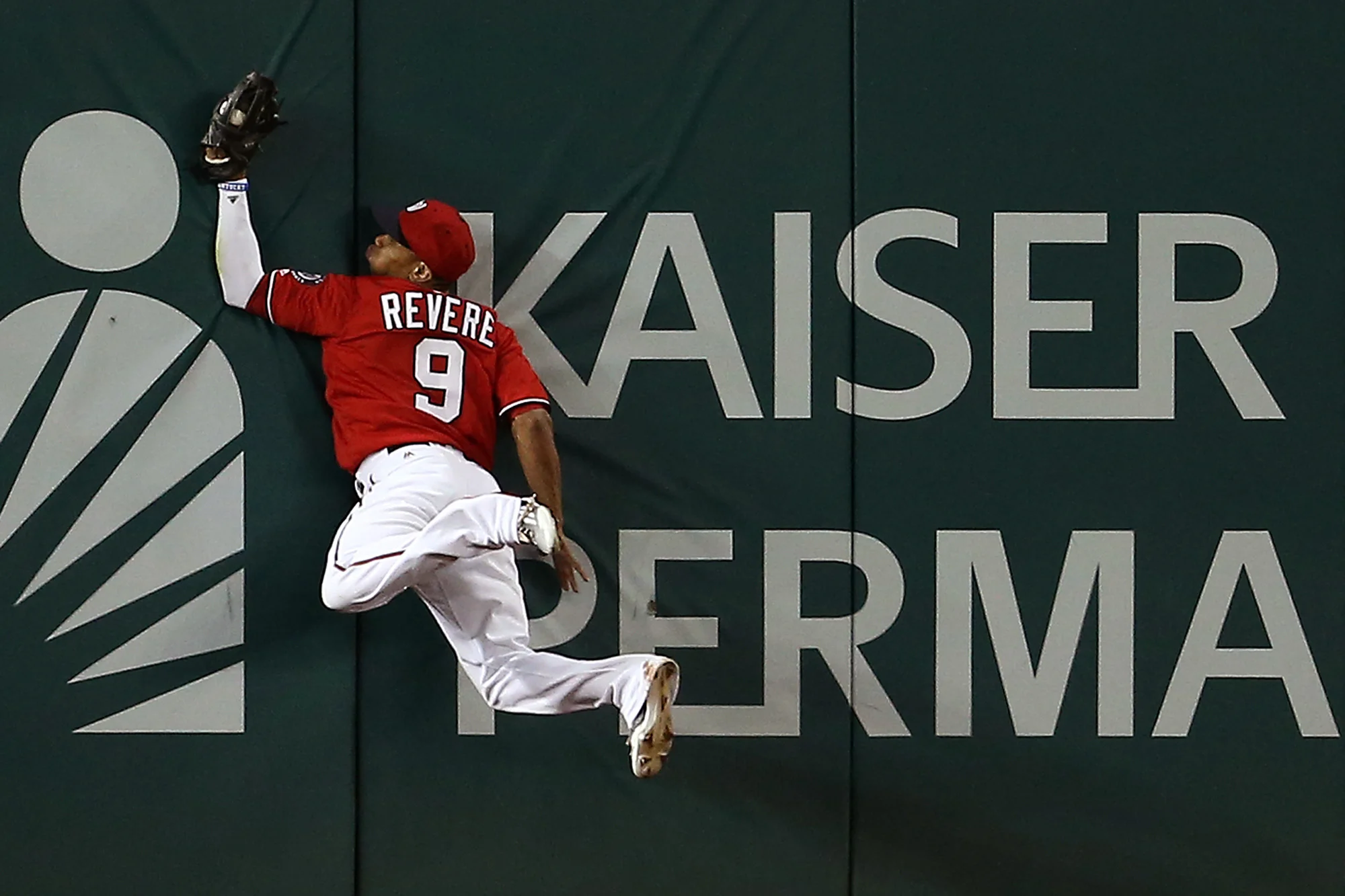 Ben Revere #9 of the Washington Nationals makes a catch for the third out of the sixth inning against the Cincinnati Reds at Nationals Park on July 2, 2016 in Washington, DC.