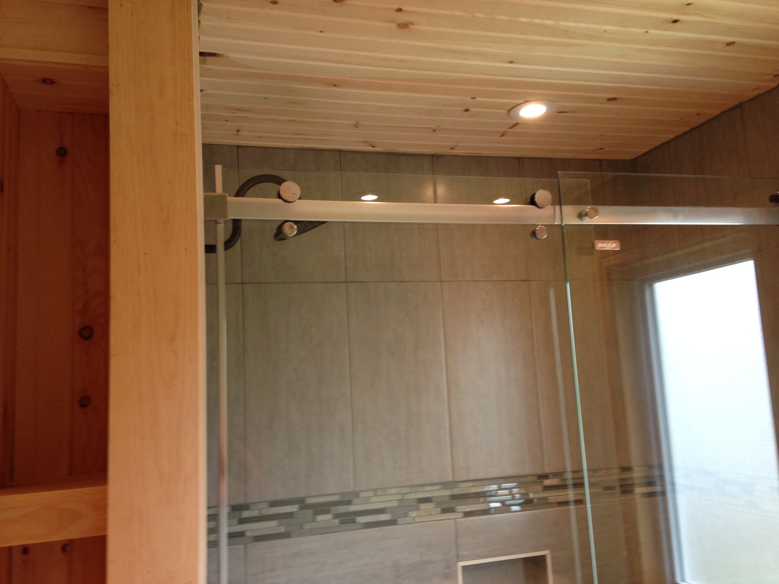 Pine ceiling and storage shelves