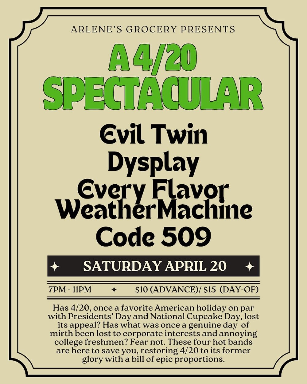 We are SO back, baby! After a long, cold winter, we&rsquo;re shaking off the dust for a killer night music at @arlenesgrocery with our friends @dysplaymusic, @eviltwinisaband, and @code509band. Don&rsquo;t miss out!! 💃 🪩 🕺 

#nyc #arlenesgrocery #