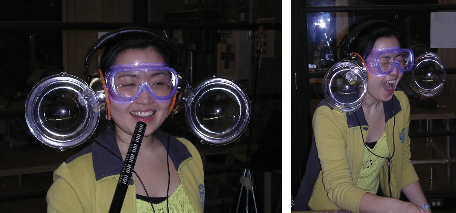 Early user testing. The goggles were later dropped when they were deemed superfluous.