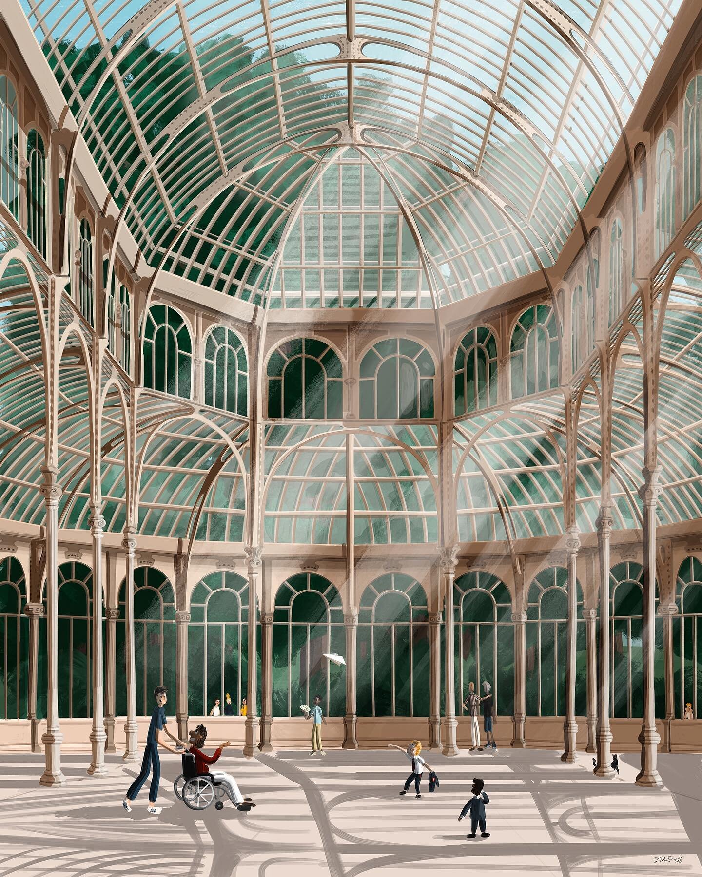 Cast-iron, glass, and light at the Glass Palace in El Retiro Park.
​
​This might be the illustration I&rsquo;ve struggled the most from the lot commissioned by @comunidadmadrid. I nearly gave up a couple times but, thankfully, I&rsquo;m stubborn and 