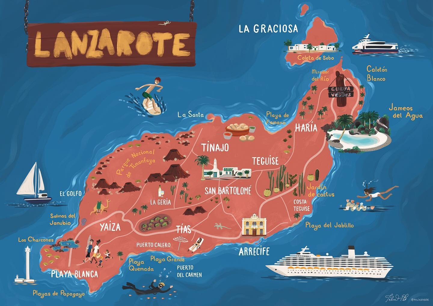 Illustrated map of Lanzarote for @turismolzt and published in @cntravelerspain&rsquo;s October issue. 
​
​
​
​
​#illustration #art #artwork #procreate #illustratorsoninstagram #illustree #illo #picame #ilustraci&oacute;n #felixdiazescauriaza #illustr