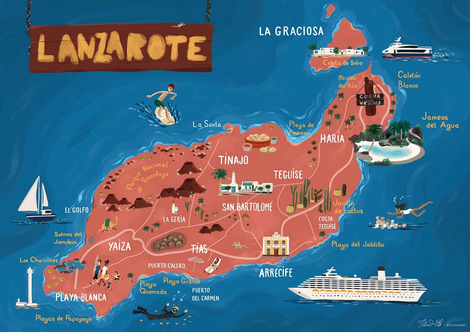Lanzarote Island Map Felix Diaz De Escauriaza Illustration