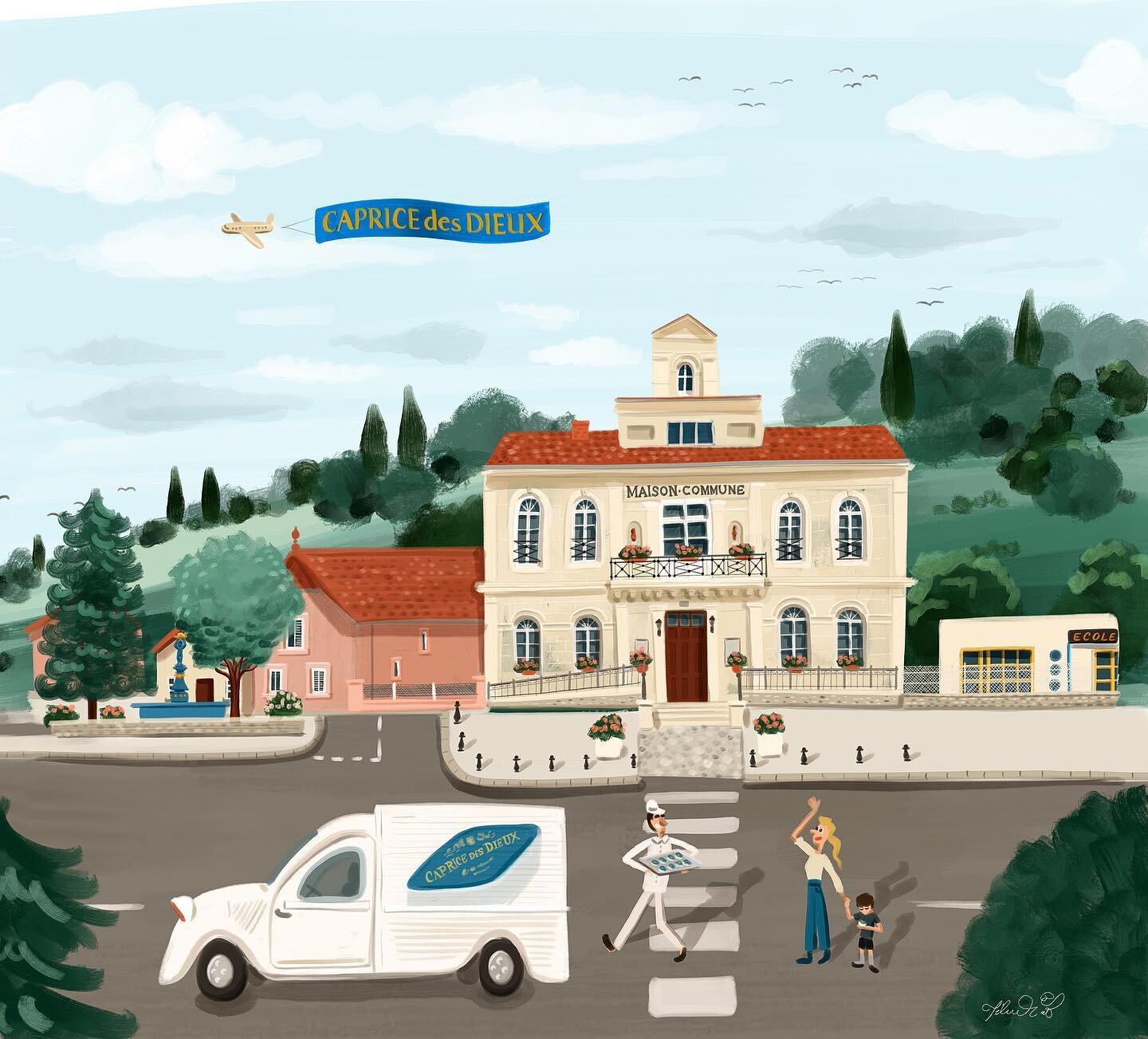 An illustrated view of the main street of Illoud, the French small village in Haute-Marne where soft-ripened cheese brand Caprice des Dieux was first created -and sold- in 1956 by the Bongrain family, before conquering the world. Commissioned by @cap