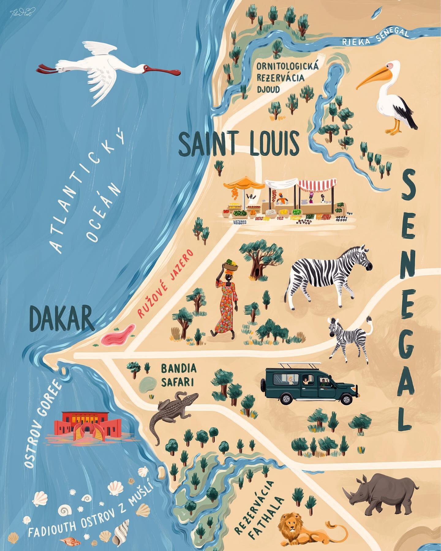 Illustrated map of Senegal for the Czech Republic travel agency @Hydrotour.
​
​I've been creating a lot of illustrated maps recently, and I love it. They allow me to include little drawings of food, nature, and even architecture. Additionally, I get 