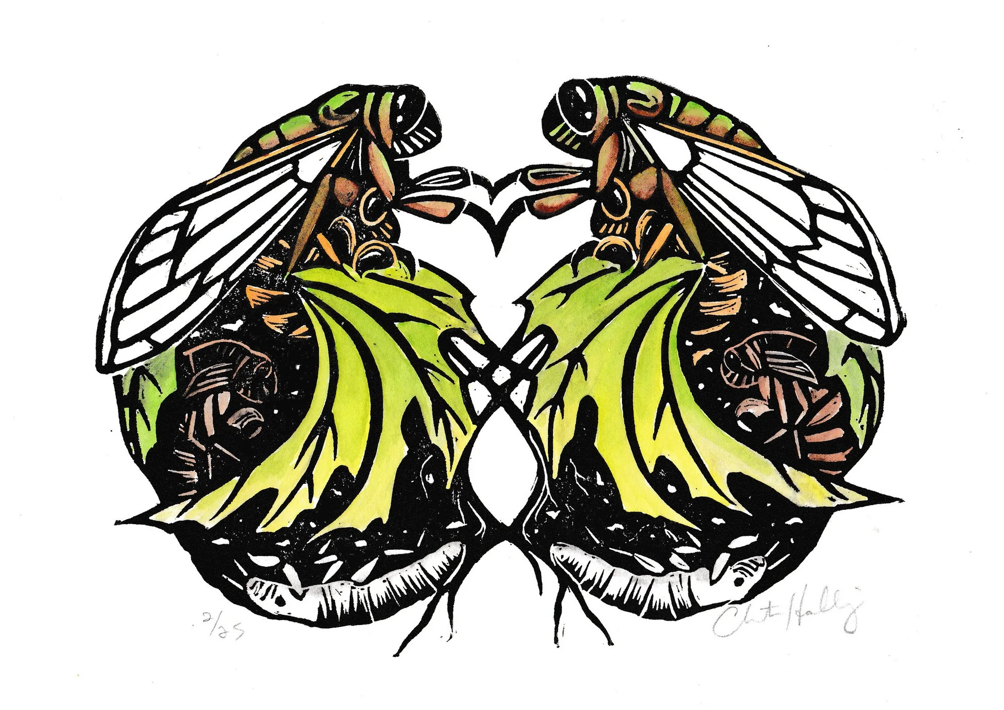 Cicada Life Cycle Linocut and Watercolor 5"x7"