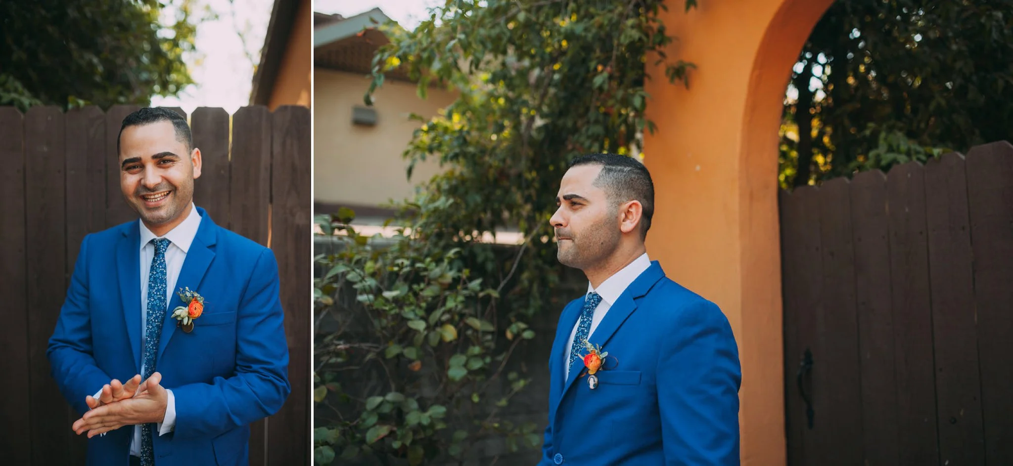 Feminist Wedding Photography Carly Romeo Photography Richmond VA Destination Altadena California Blue Suit Pattern Tie Orange Floral Groom Egyptian Egypt