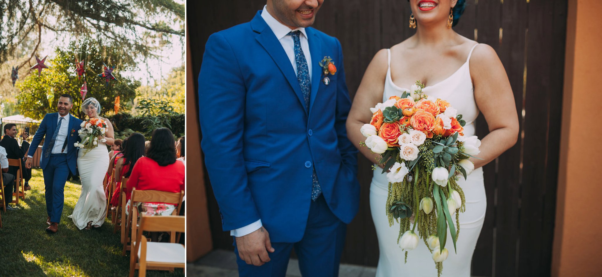 Feminist Wedding Photography Carly Romeo Photography Richmond VA Destination Altadena California Just Married Bouquet Blue Orange