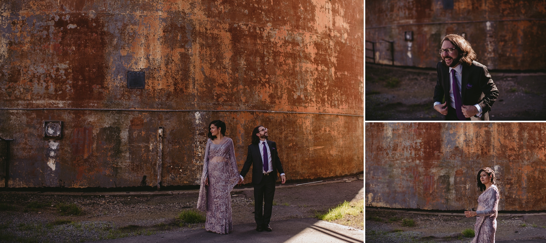 Feminist Wedding Photography Carly Romeo Photography Richmond VA Packistani Packistan Interracial Interfaith Industrial Wasteland Punk Purple Burnt Orange Couple Rust