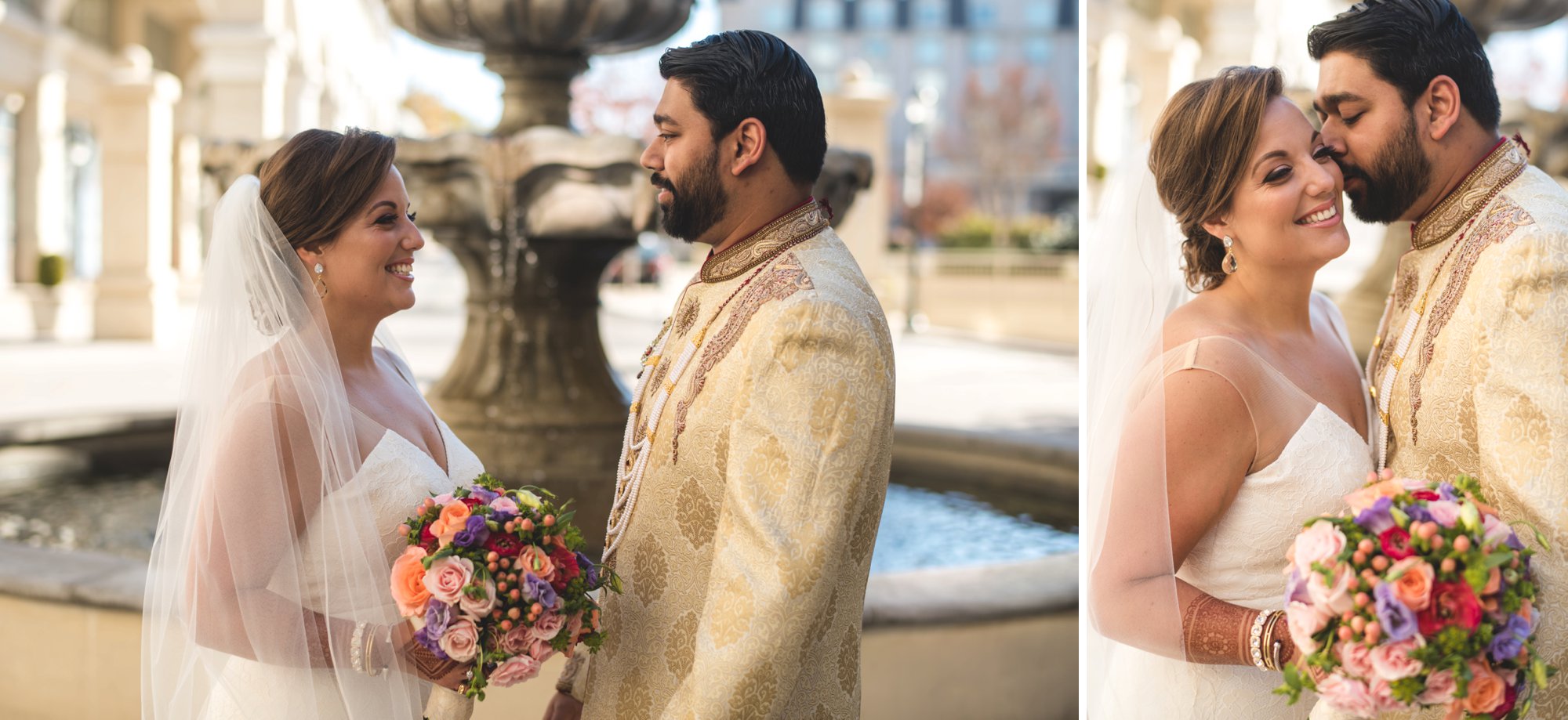 Washington DC colorful Indian wedding with a feminist bride. Outdoor portrait.