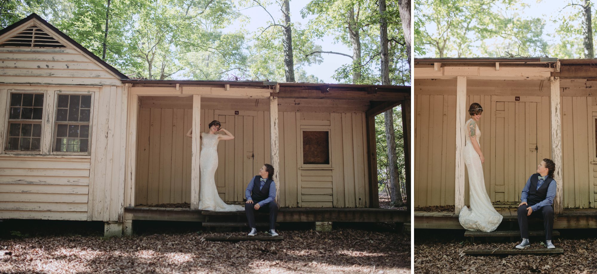 Richmond Va same-sex wedding in pocahontas state park with a simple ceremony. Rustic cabin hideaway.