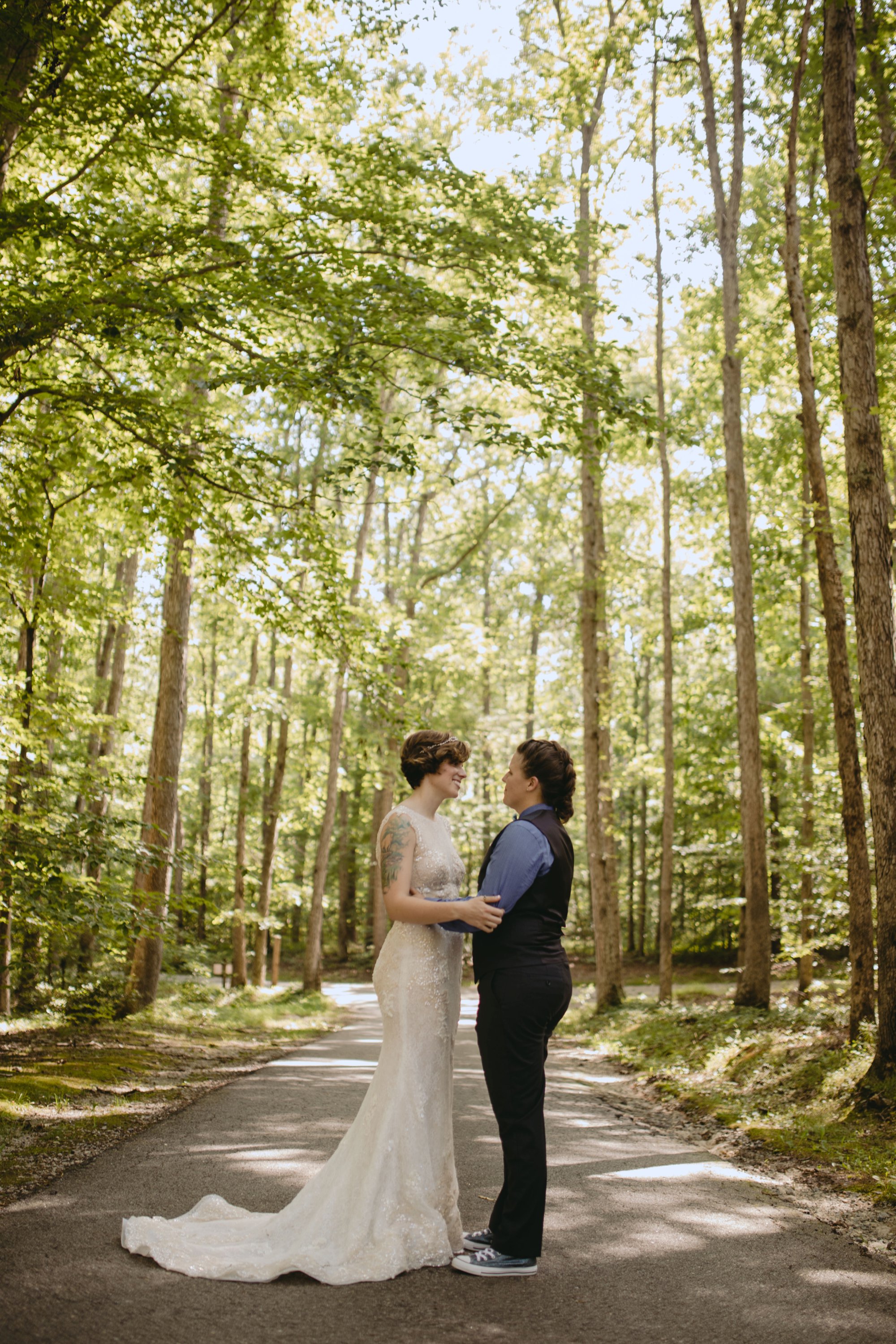 Richmond Va same-sex wedding in pocahontas state park with a simple ceremony. Forest portrait.