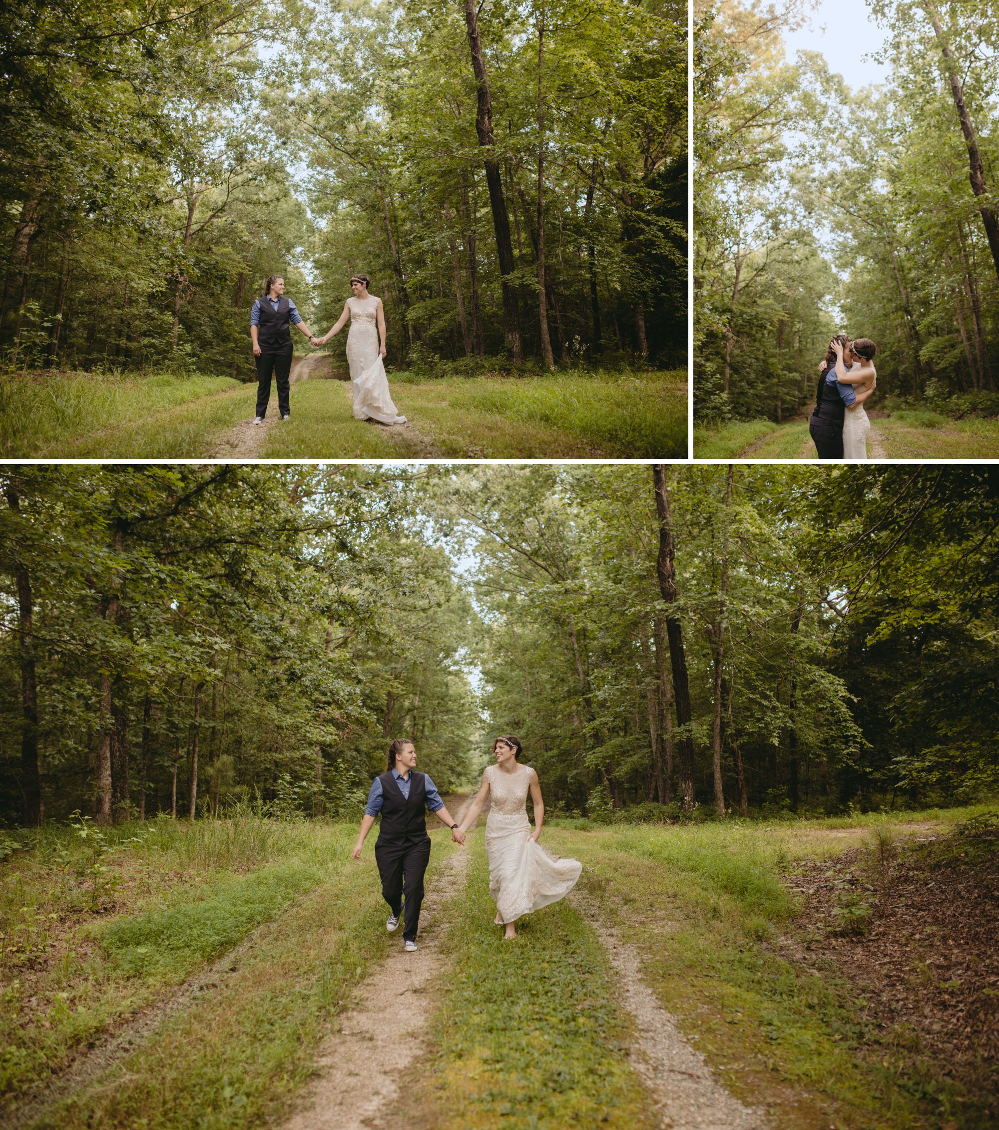 Richmond Va same-sex wedding in pocahontas state park with a simple ceremony. Running on a dirt road.