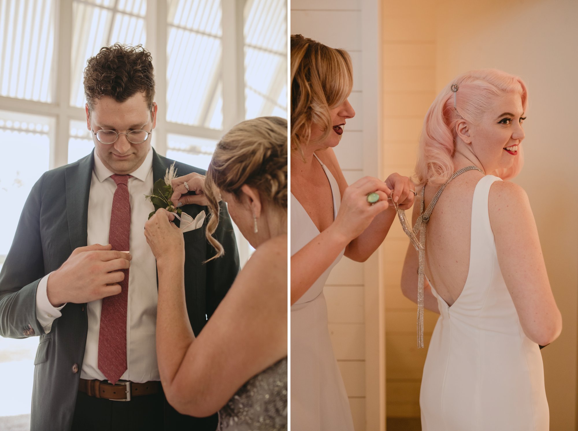Bride with pink hair and groom in a purple suit prospect house wedding in austin tx with pastel decor and wild florals getting ready