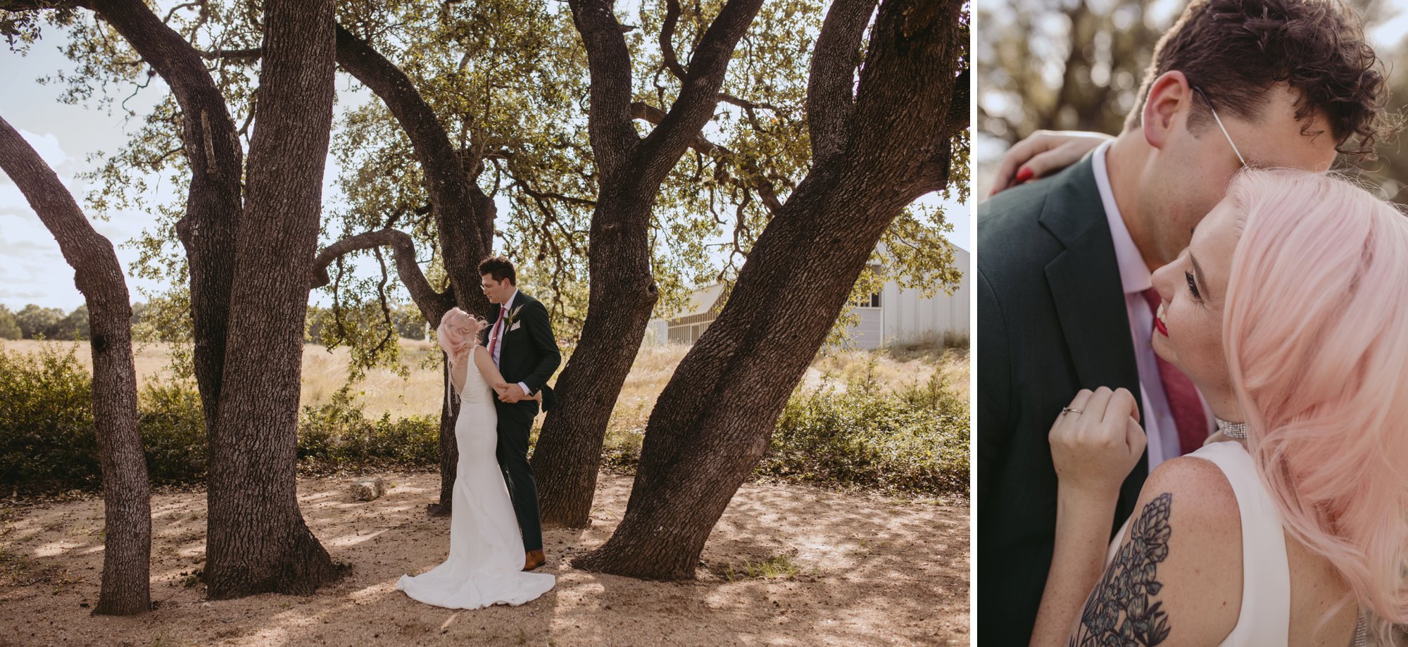 Bride with pink hair and groom in a purple suit prospect house wedding in austin tx with pastel decor and wild florals couple portraits