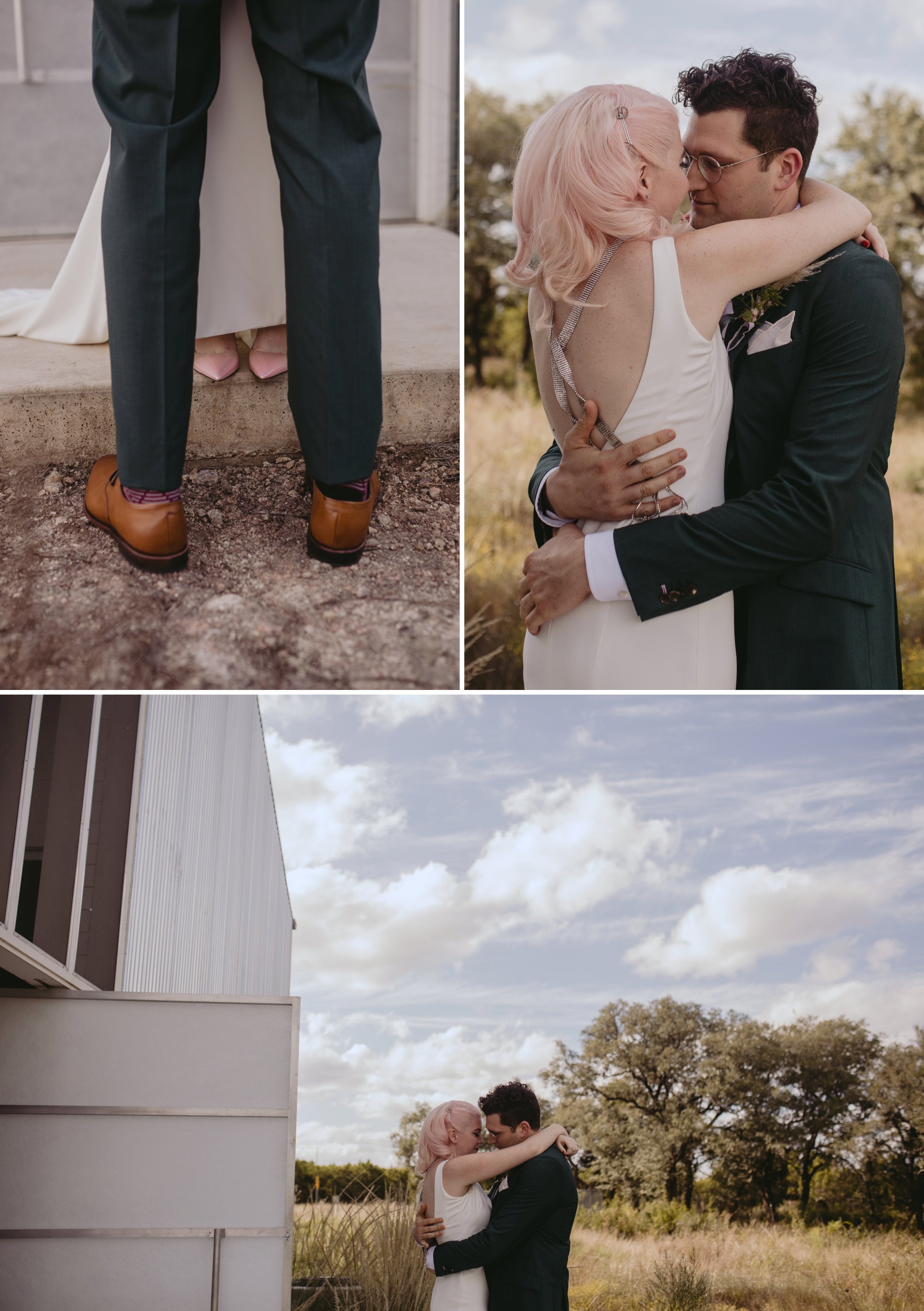 Bride with pink hair and groom in a purple suit prospect house wedding in austin tx with pastel decor and wild florals first look