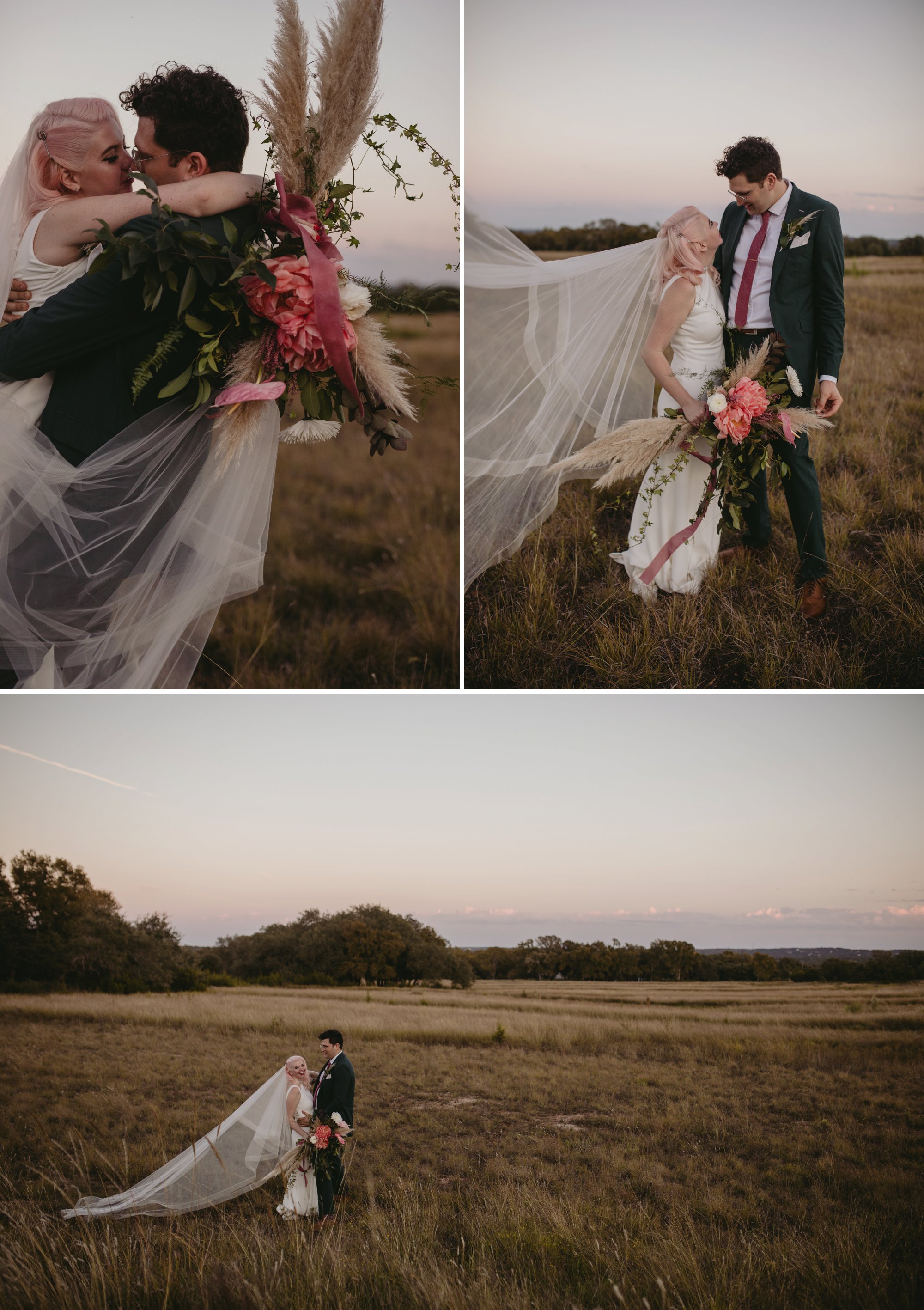 Bride with pink hair and groom in a purple suit prospect house wedding in austin tx with pastel decor and wild florals meadow portraits