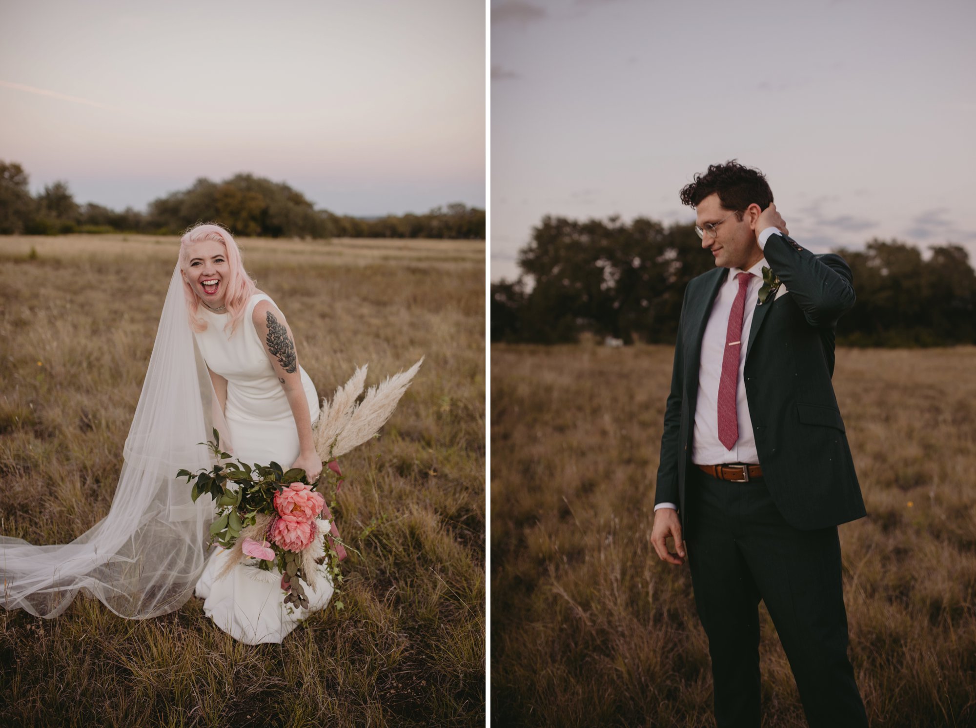 Bride with pink hair and groom in a purple suit prospect house wedding in austin tx with pastel decor and wild florals individual portraits
