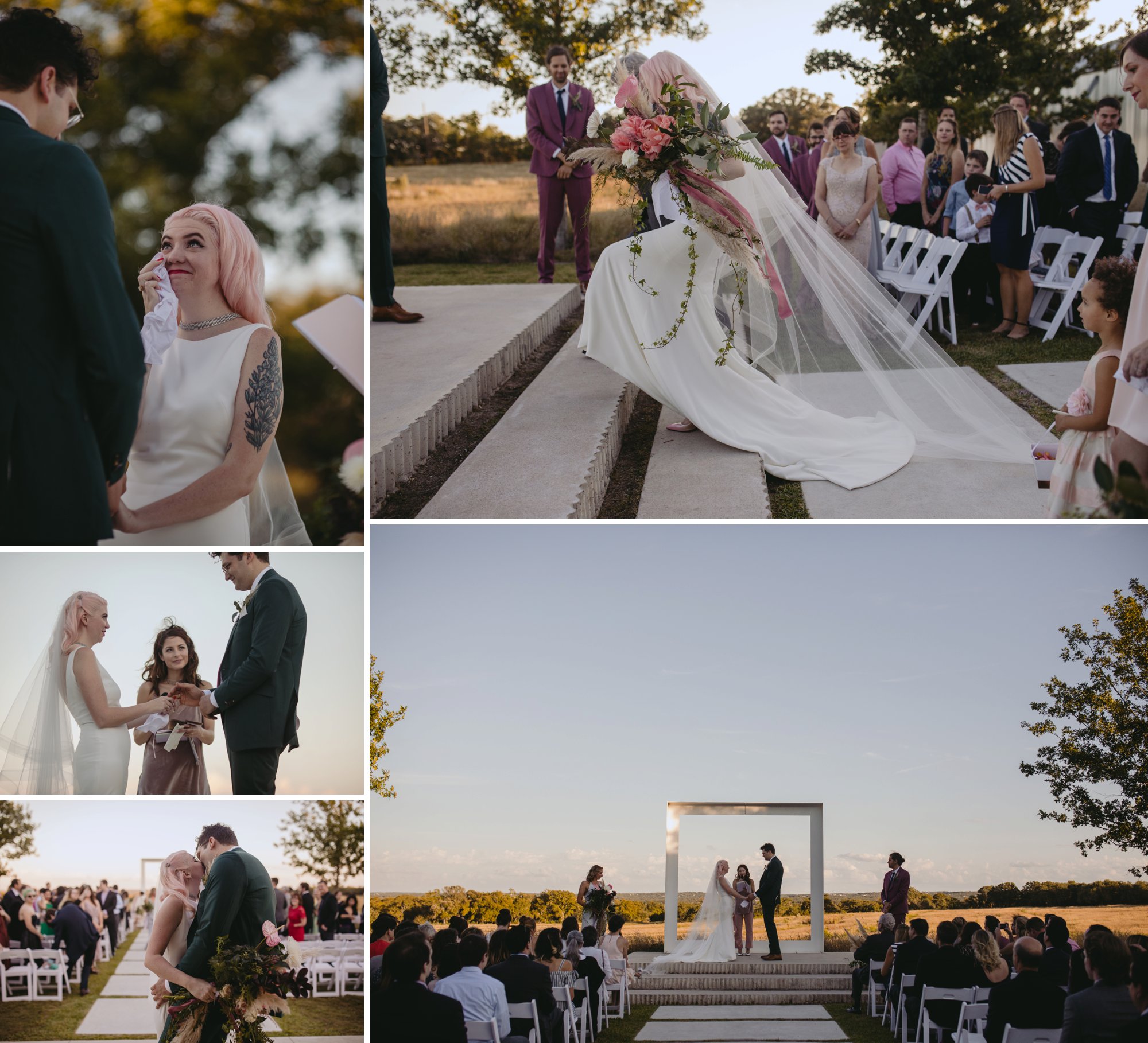 Bride with pink hair and groom in a purple suit prospect house wedding in austin tx with pastel decor and wild florals ceremony