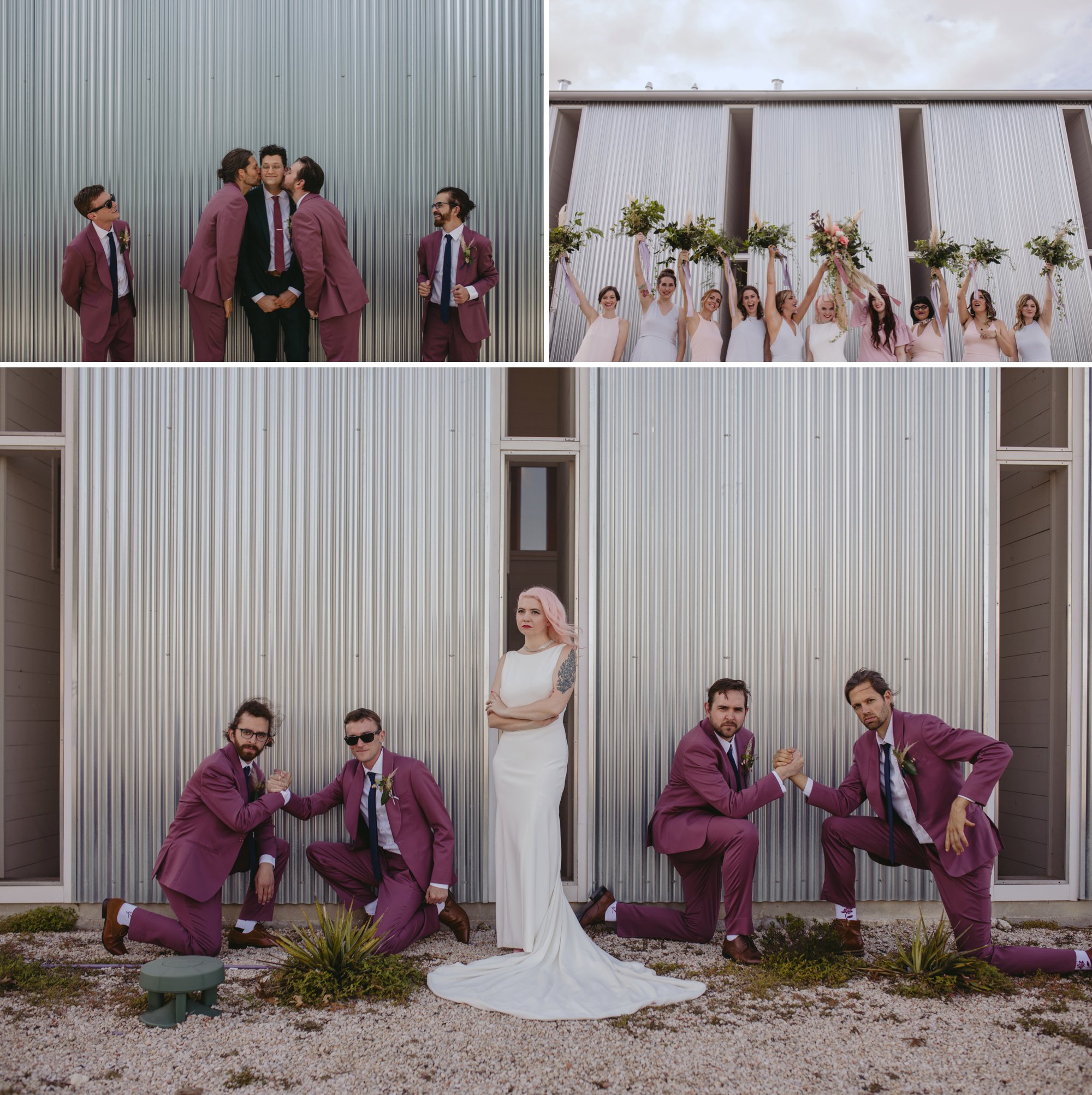Bride with pink hair and groom in a purple suit prospect house wedding in austin tx with pastel decor and wild florals bridal party shots