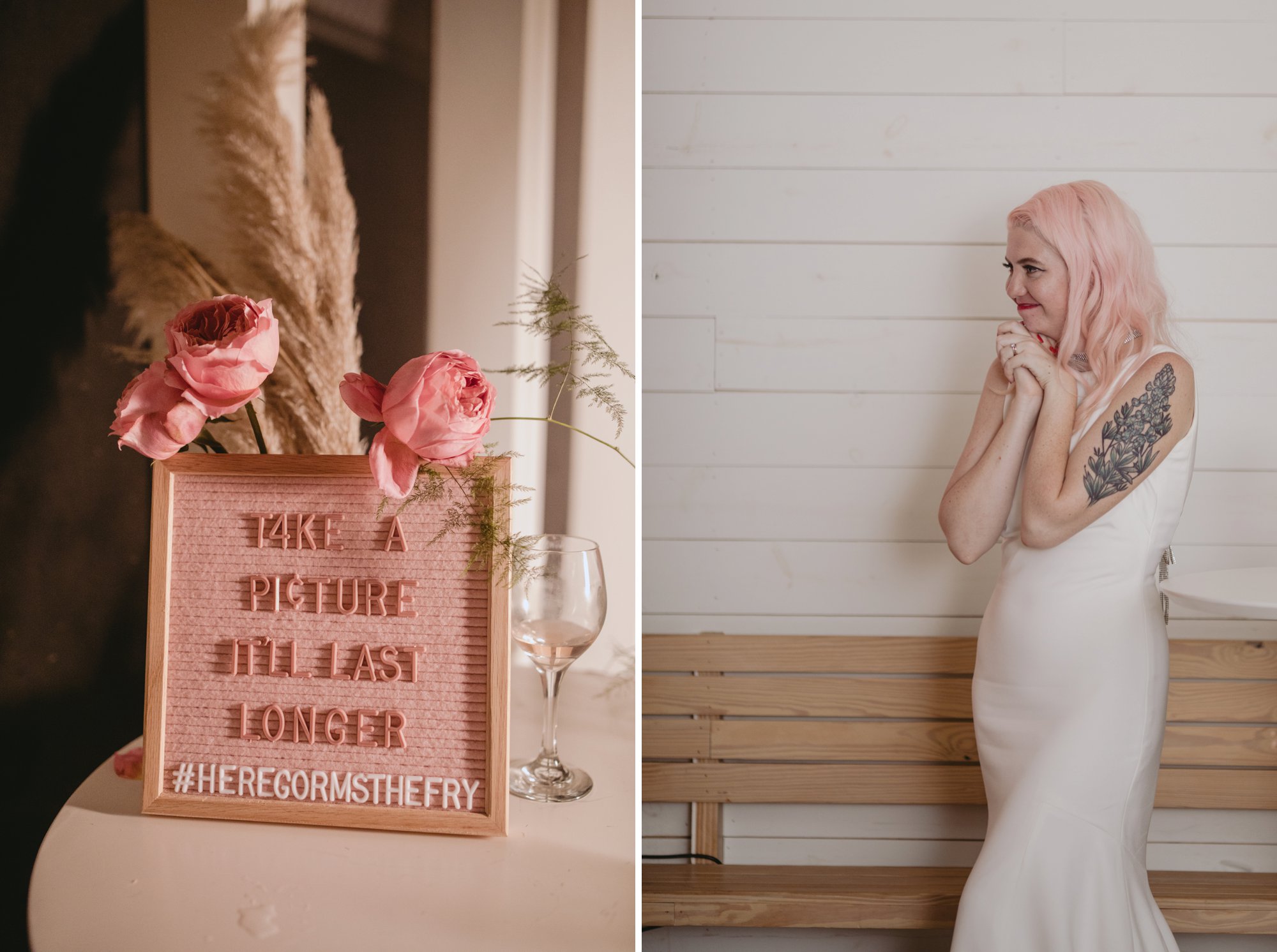 Bride with pink hair and groom in a purple suit prospect house wedding in austin tx with pastel decor and wild florals photo booth details