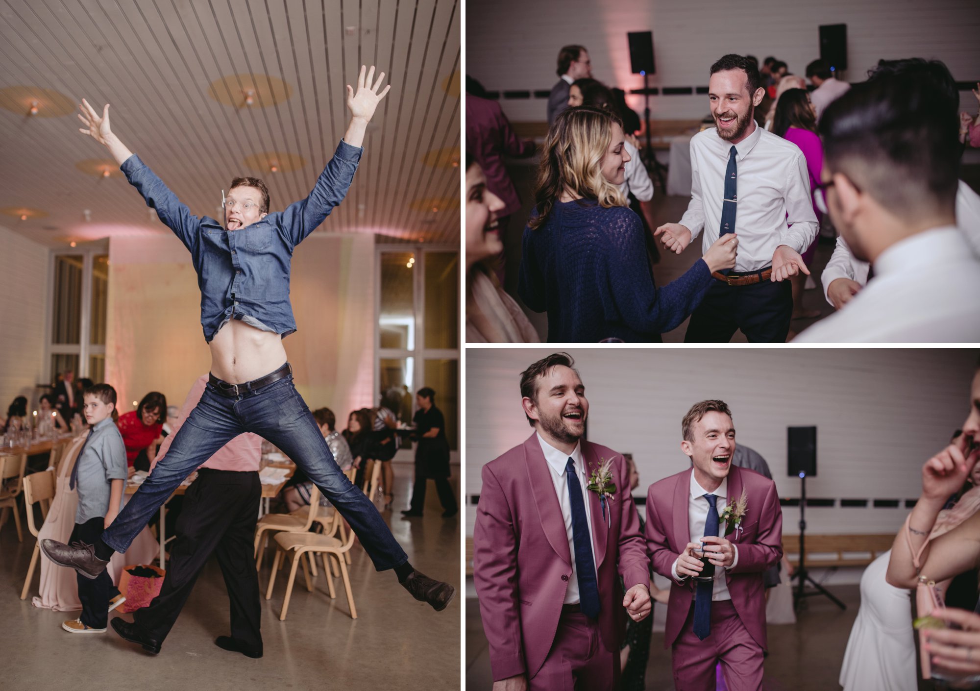 Bride with pink hair and groom in a purple suit prospect house wedding in austin tx with pastel decor and wild florals party dancing reception