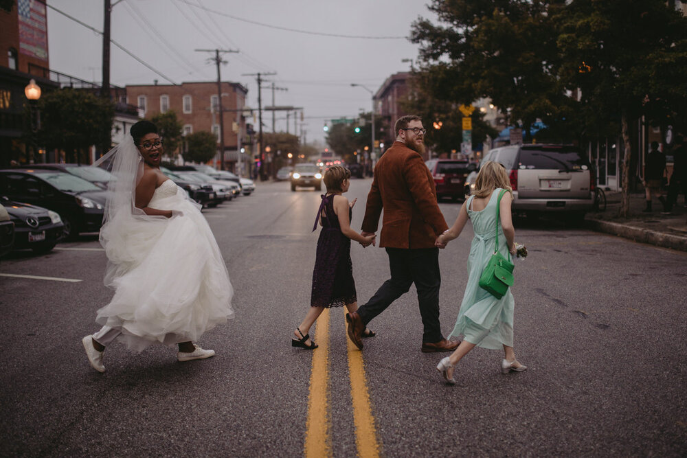 Newly Wed couple with kids after ceremony in Baltimore MD Carly Romeo Photography