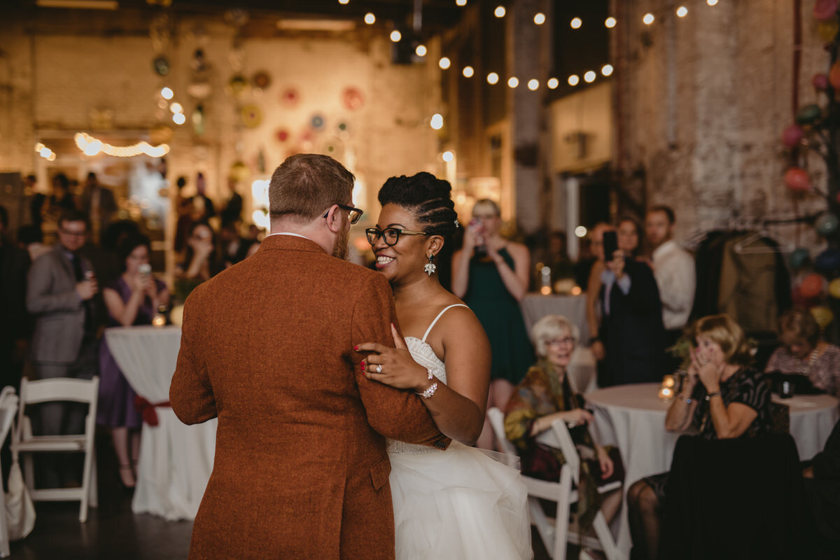 Newly Wed couple's first dance at Corradetti Glassblowing Studio Baltimore MD Carly Romeo