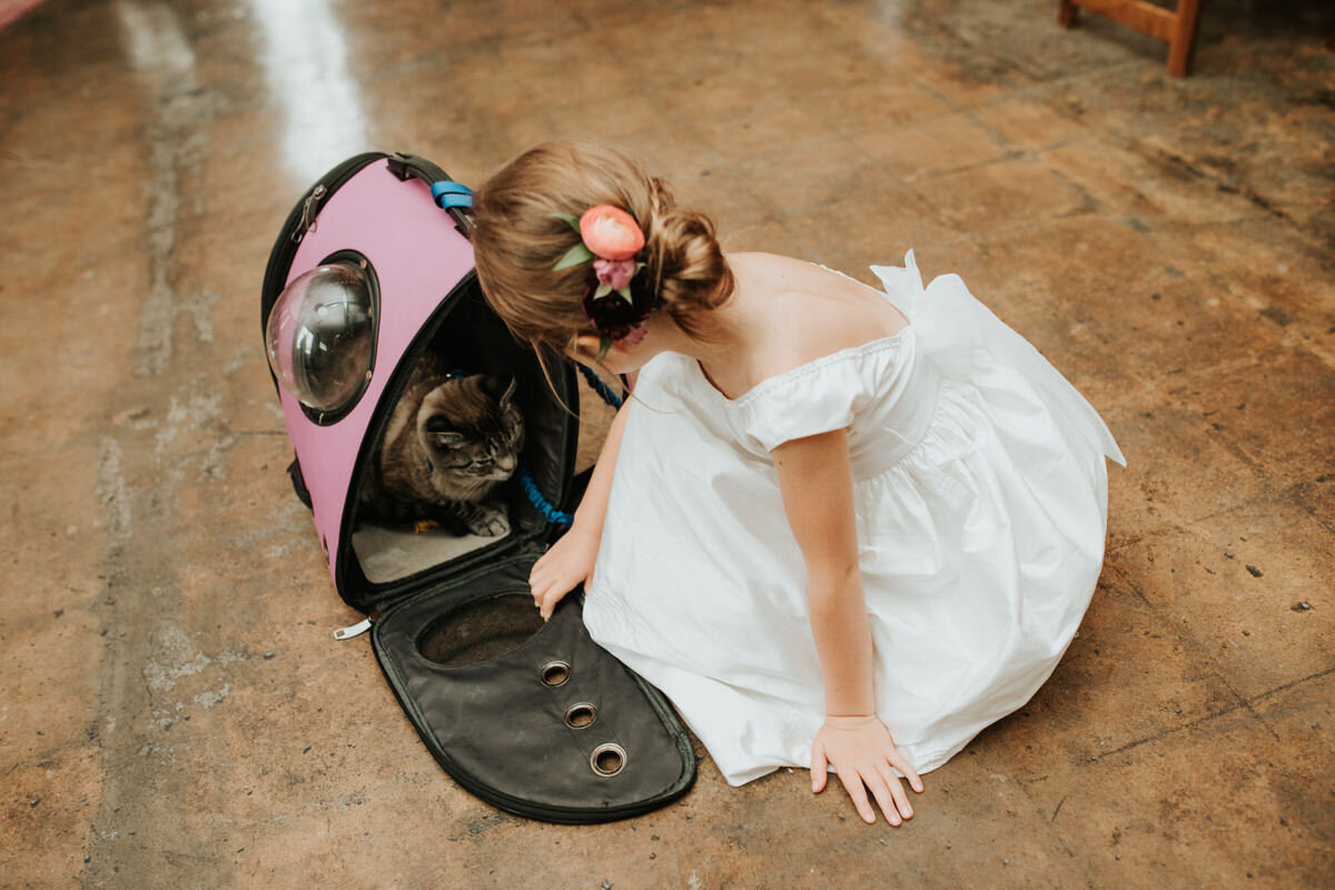 Flower girl with cat on dance floor at Studio Two Three Richmond VA Wedding reception Carly Romeo Photography