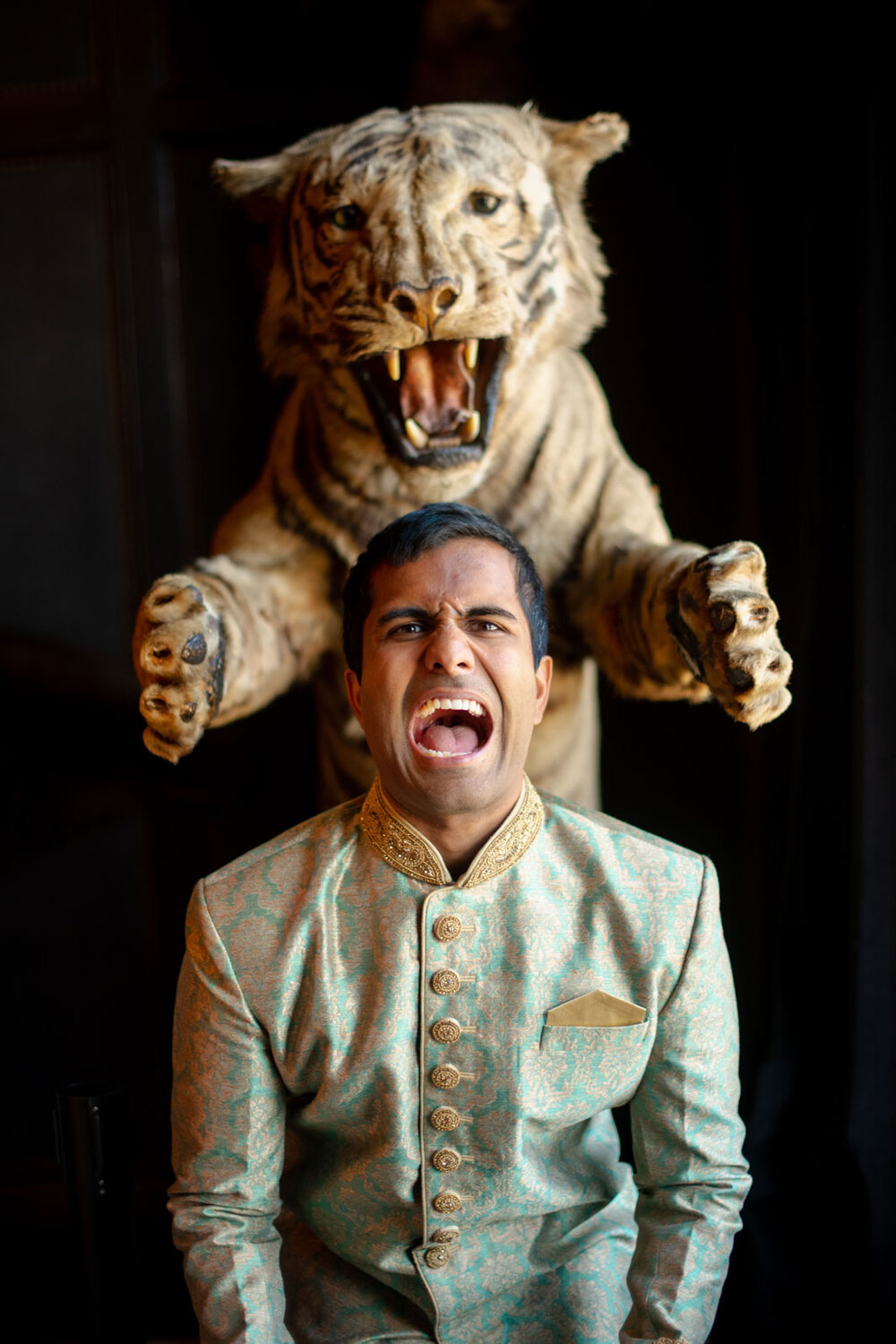 Indian groom screaming next to tiger sculpture at Dover Hall Richmond VA Carly Romeo + Co.