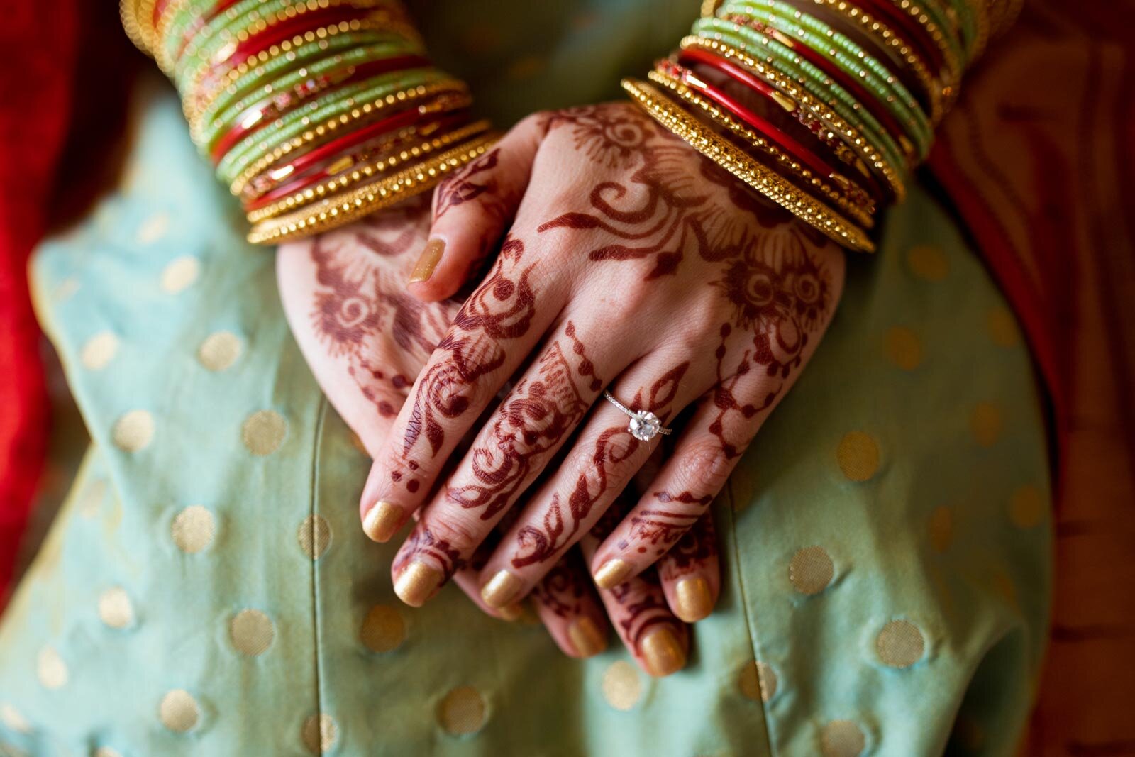 Bride's hands with traditional wedding henna and bangles at Dover Hall Richmond VA Carly Romeo photography