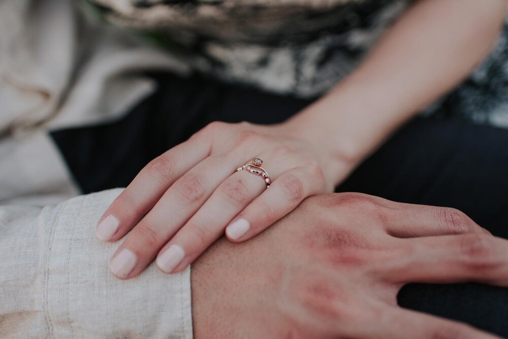 Delicate hand with rose gold engagement ring resting on spouse's wrist in Richmond VA Carly Romeo (Copy)