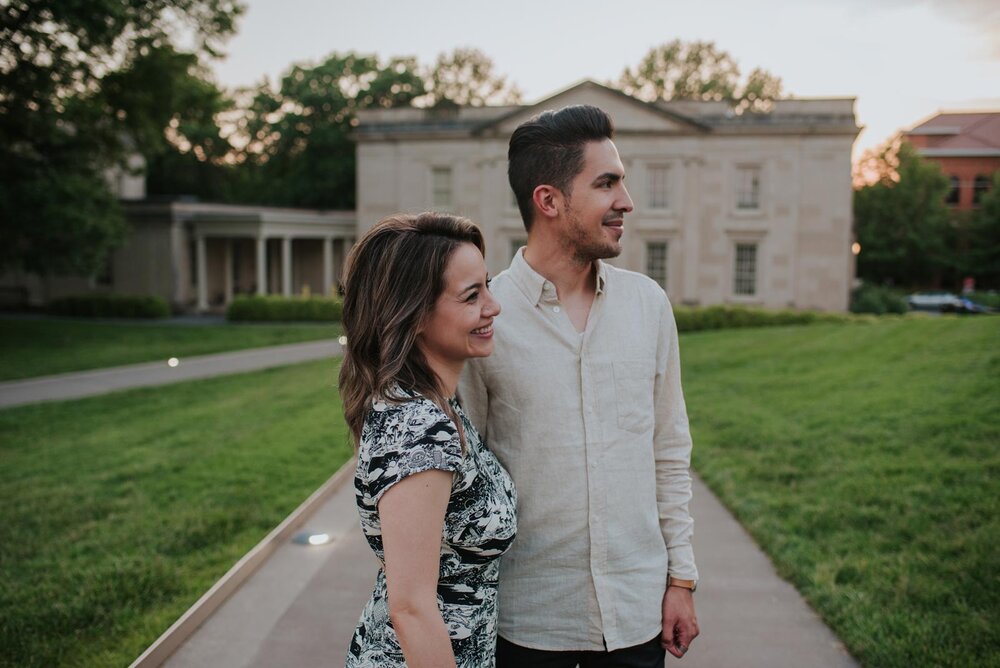 Smiling couple looking into the distance by the VMFA in Richmond Carly Romeo and Co. (Copy)