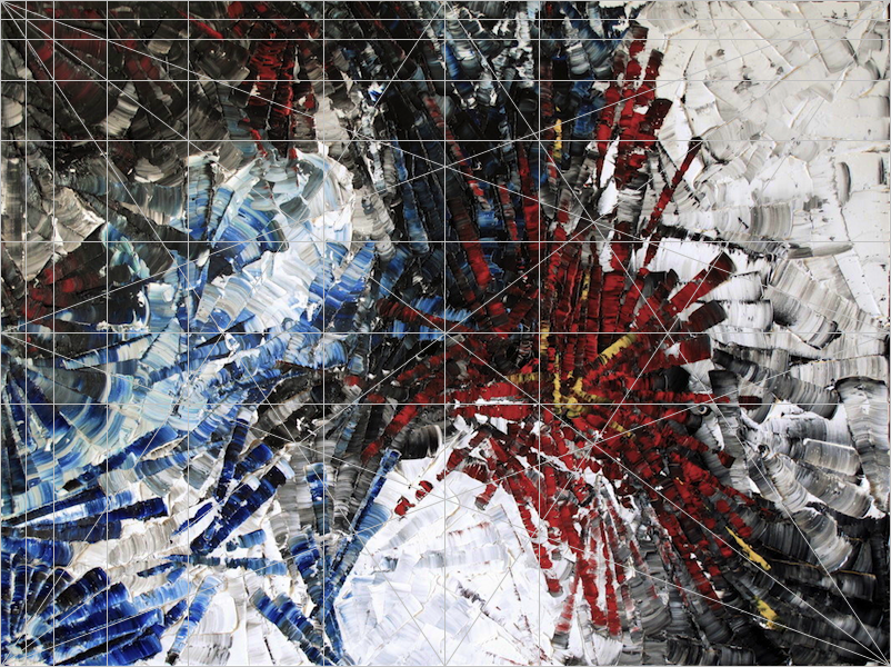 La grille de composition de Fibonacci appliquée au-dessus de l'œuvre. Fibonacci composition grid overlay.
