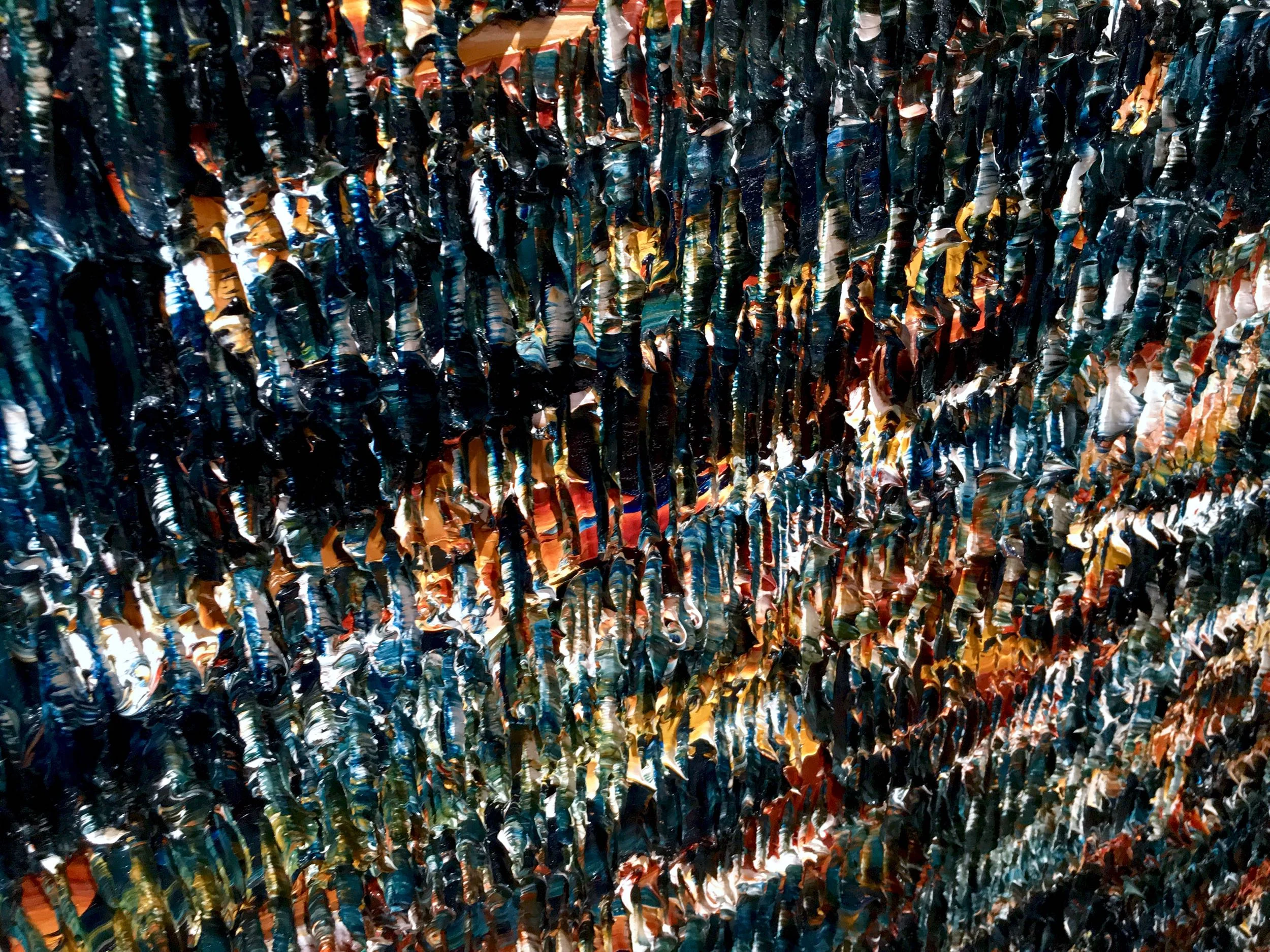 Burning Down The House – Sculptural oil painting by Louis-Bernard St-Jean (close view of the texture from above)