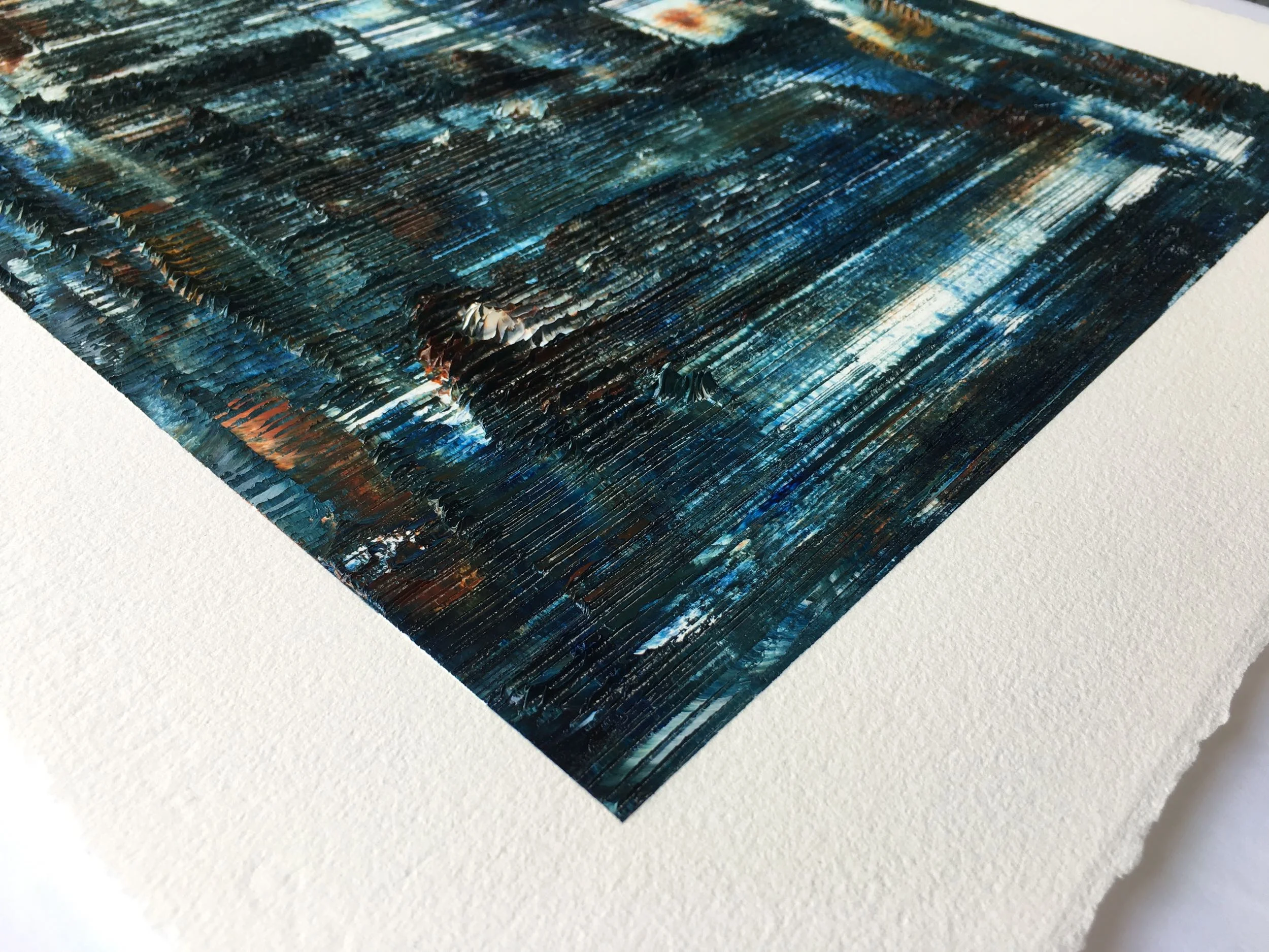 Œuvre d'art originale de Louis-Bernard St-Jean. Huile sur papier de coton Arches® frangé sur quatre côtés, 16" x 20". Édition unique (2018), créée et signée de la main de l'artiste.