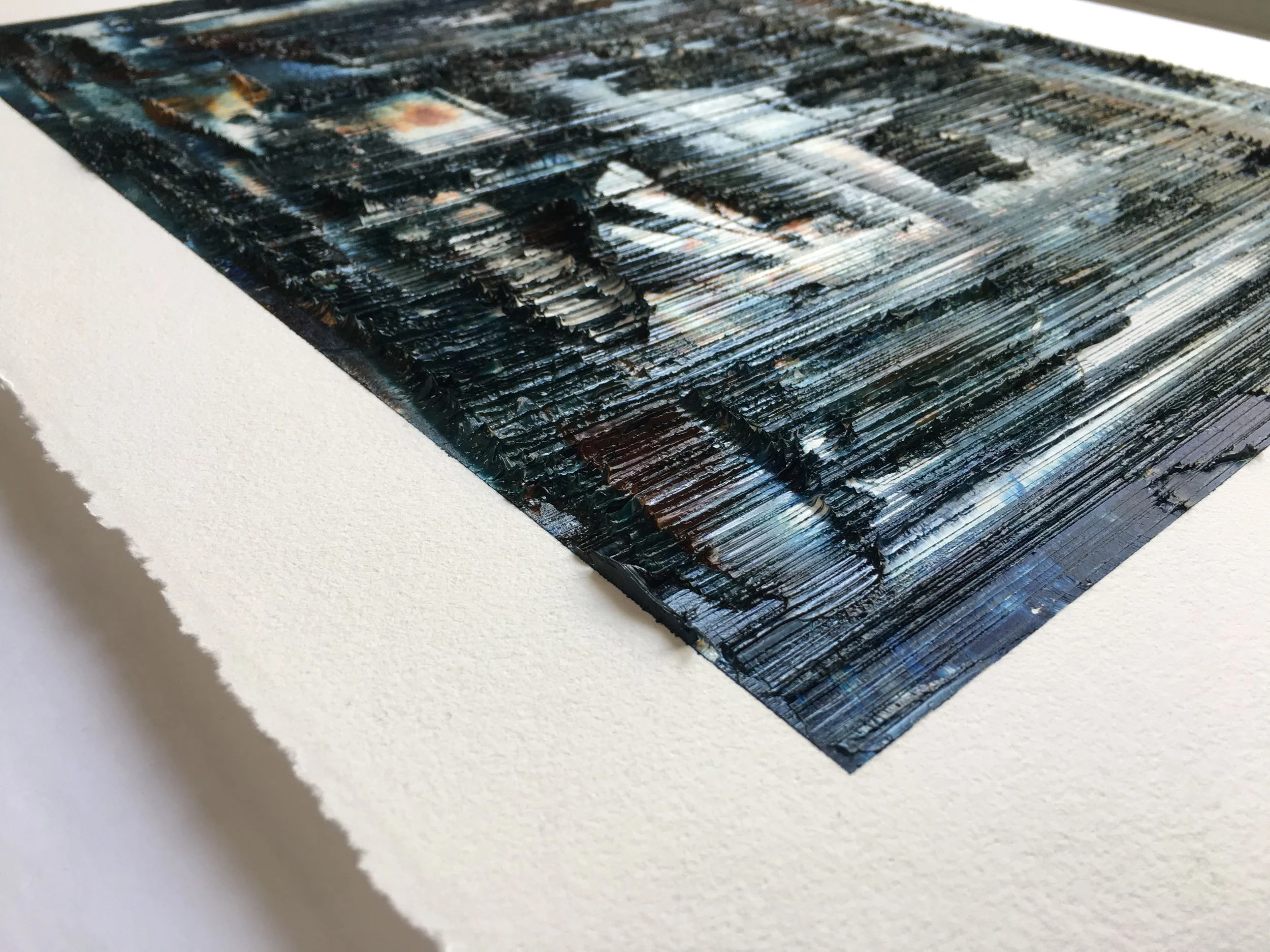Œuvre d'art originale de Louis-Bernard St-Jean. Huile sur papier de coton Arches® frangé sur quatre côtés, 16" x 20". Édition unique (2018), créée et signée de la main de l'artiste.