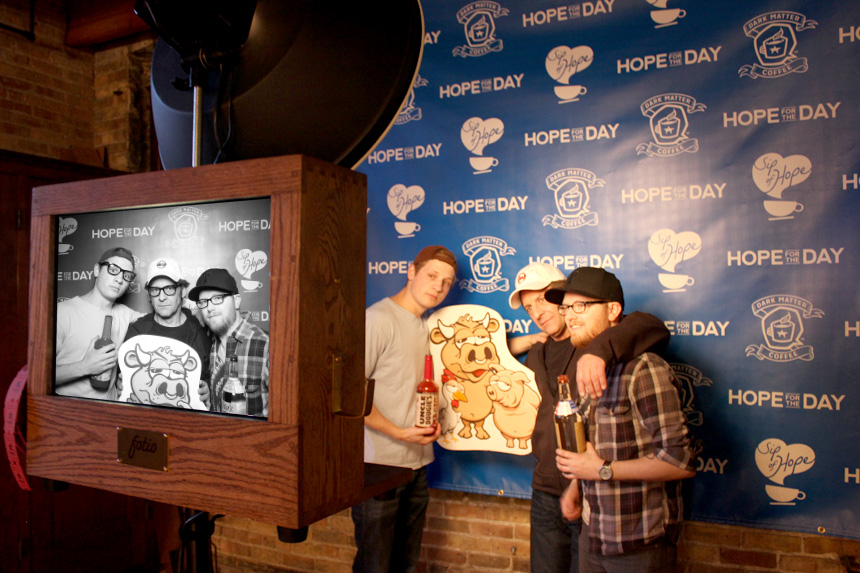 A picture of Uncle Dougie AKA Doug Tomek and his crew at Salvage One posing with Fotio Photo Booth!